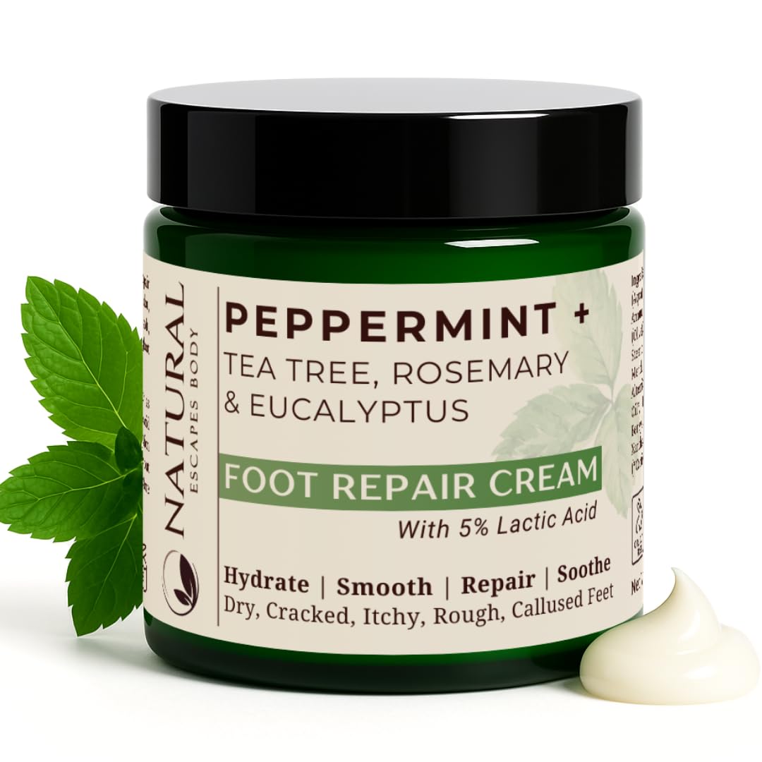 Natural Escapes Peppermint, Rosemary, Eucalyptus & Tea Tree Oil Foot Cream for Dry Feet, Cracked Heels, Calluses, Athlete's Foot - Heel Repair Cream for Women & Men (8 oz)