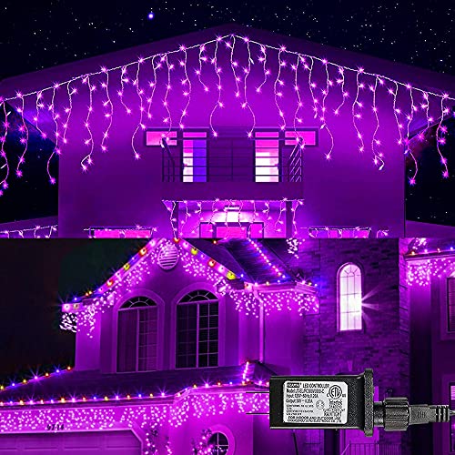 Image of Dazzle Bright 360 LED Christmas Icicle String Lights, Light Up Christmas Decorations 8 Modes Fairy Lights for Outside Garden Patio Holiday Party (Purple)