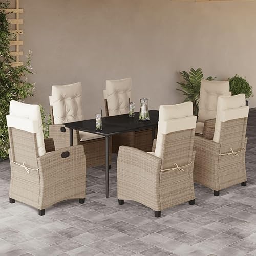 7-Piece Garden Dining Set, Adjustable Reclining Chairs, UV-Resistant Synthetic Rattan,