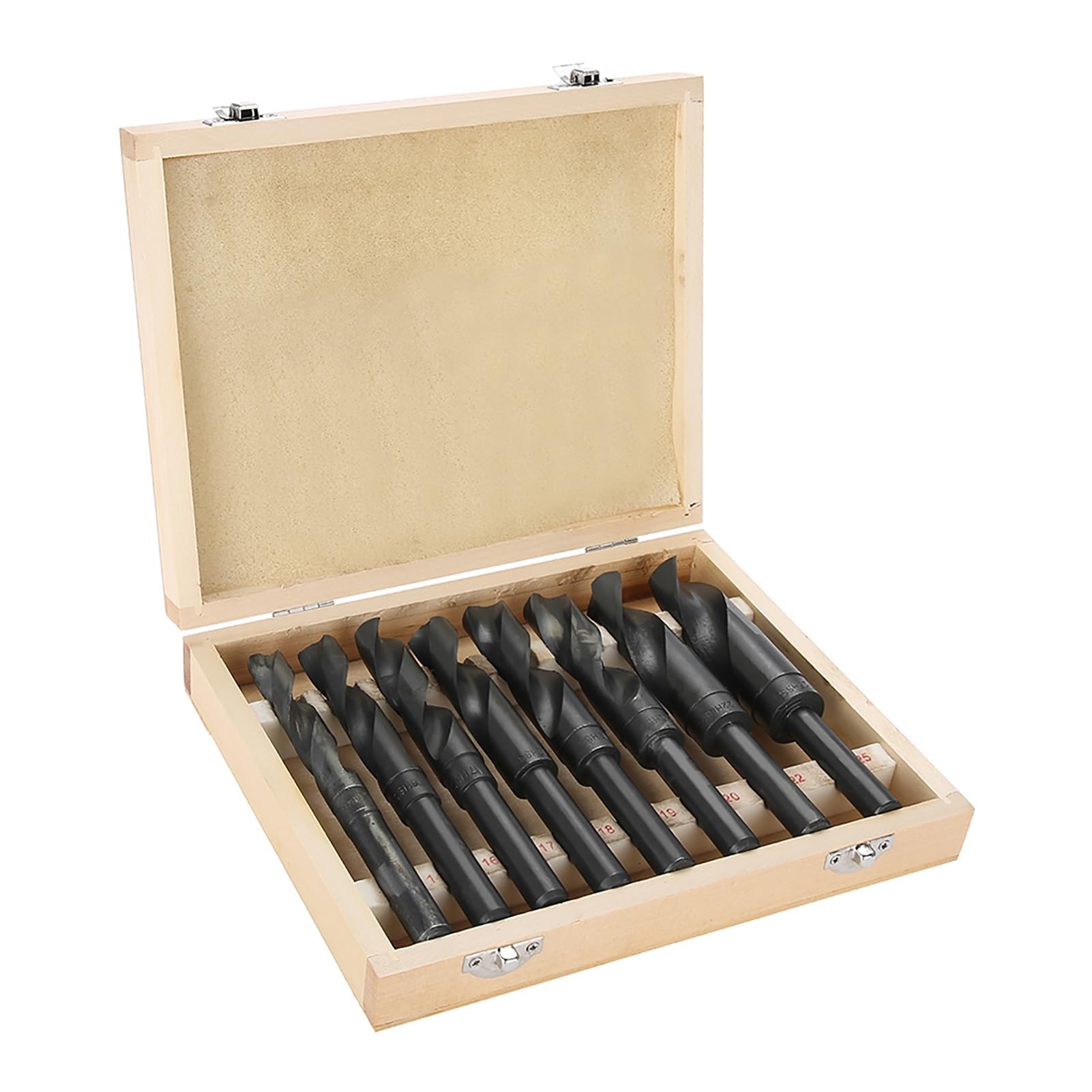 8 punte da trapano in acciaio per cuscinetti, set di punte elicoidali con codolo ridotto da 14 mm a 25 mm per foratura di metallo, legno e plastica con custodia in legno