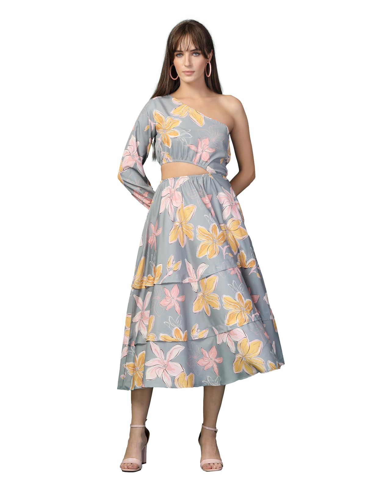 Oomph! Women's Western & Fusion Wear Printed Crepe Dress For Women, One Shoulder, Grey - Md1082