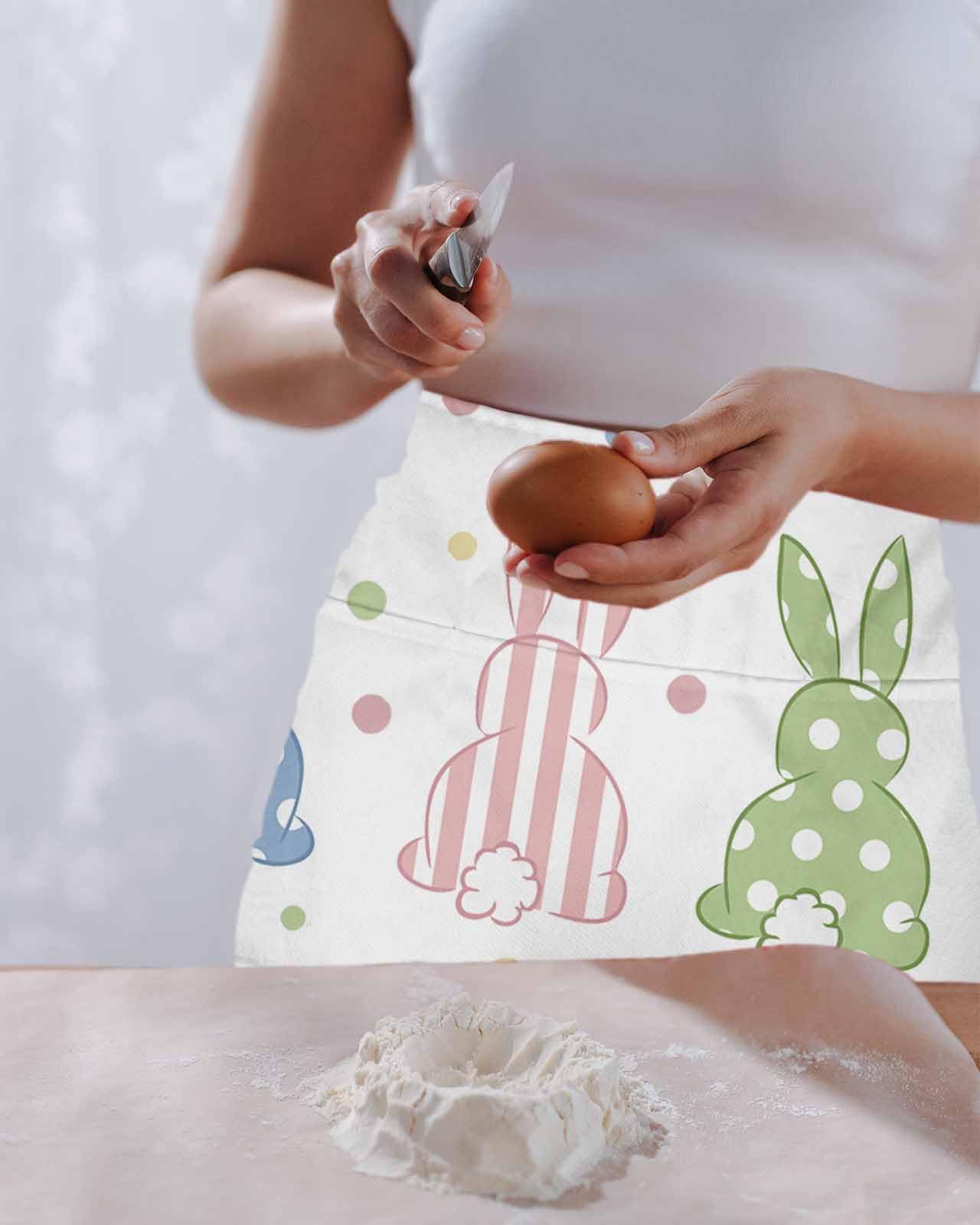 PIEPLE Polka Dot Bunny Server Apron Waitress Aprons with 3 Pockets, Farmhouse Stripes Rabbits Half Waist Waiter Aprons Restaurant Chef Aprons for Women Men