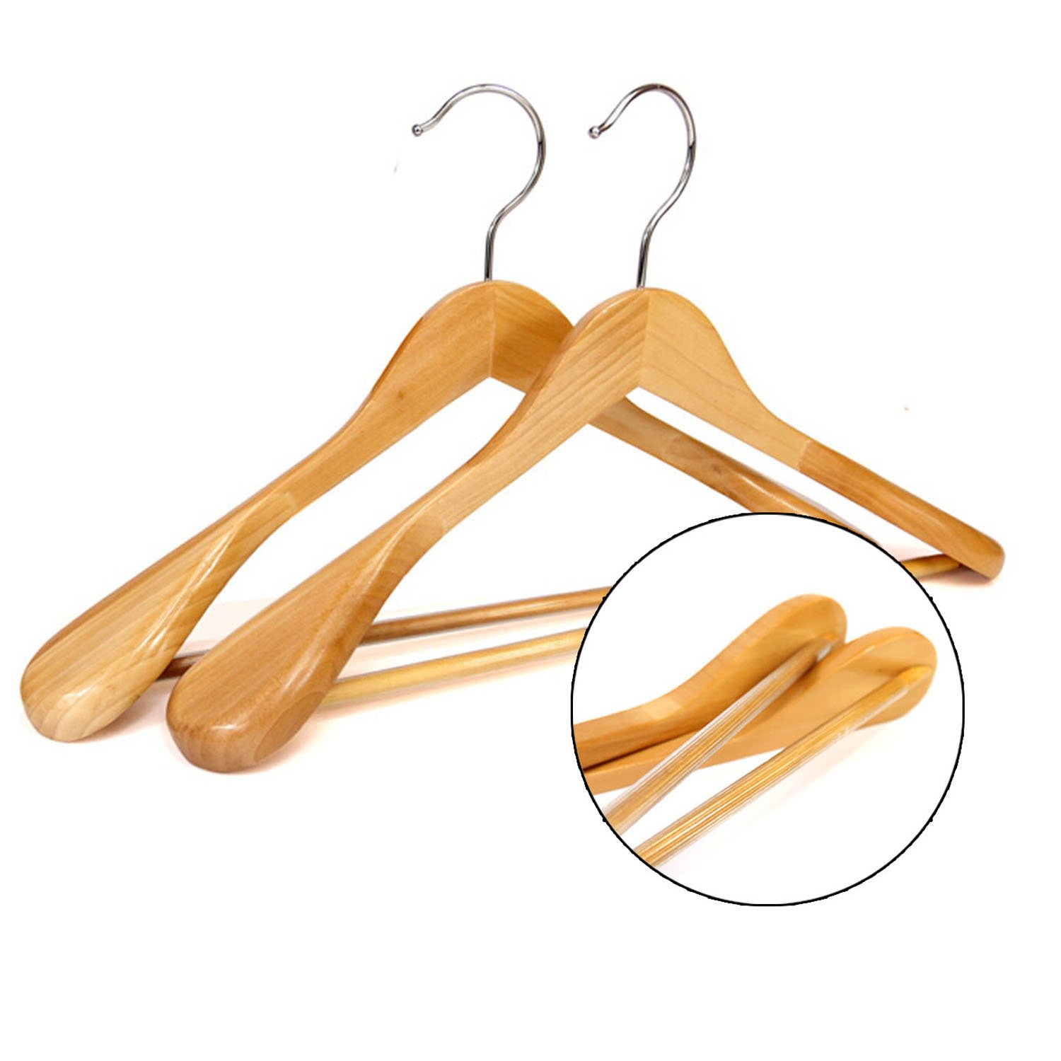 6 Perchas de Madera Con Barra de Pantalones Antideslizante - Naturaleza Perchas Para Abrigos, Trajes (Hombros Extra Anchos)