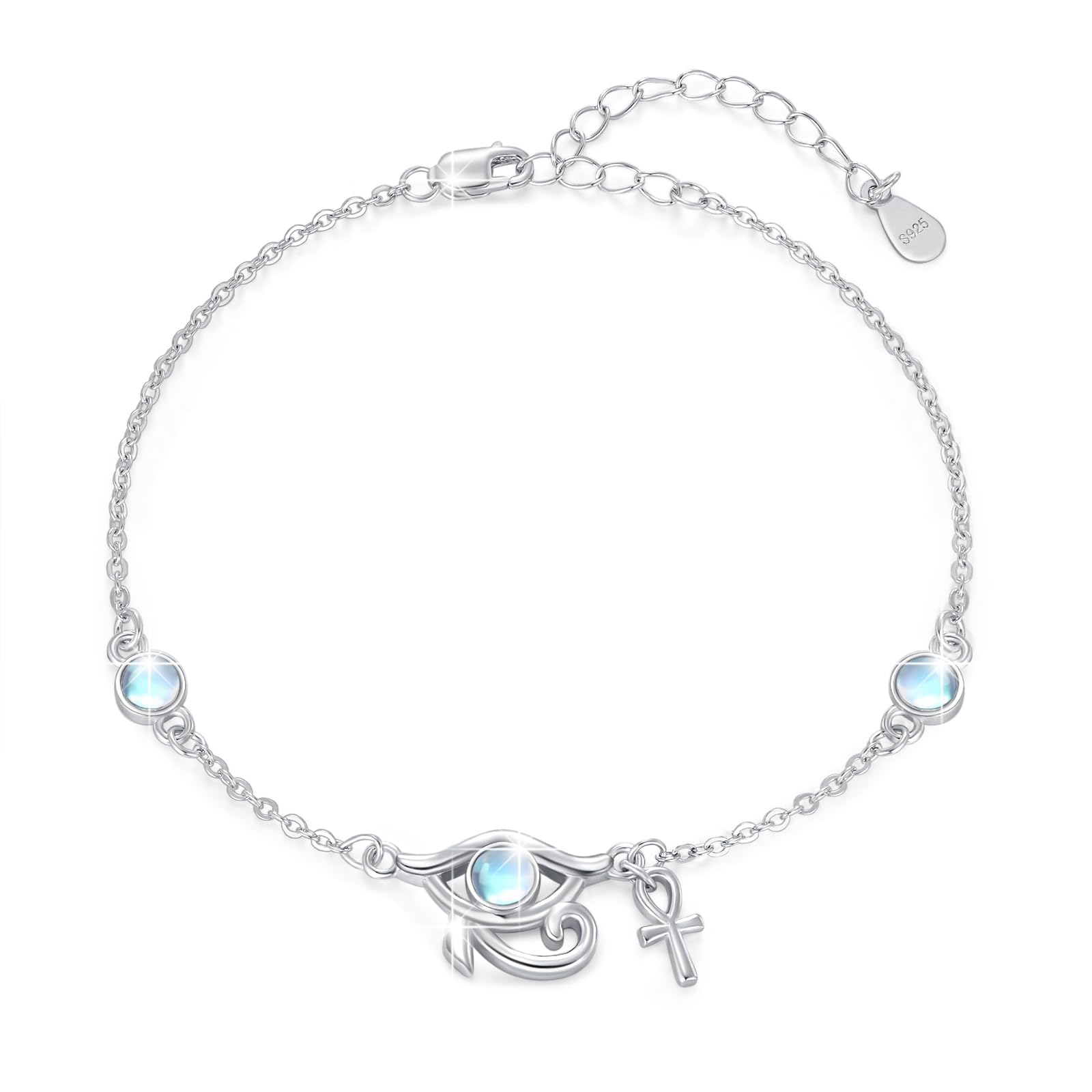Pulsera de protección de plata de ley 925 ajustable para mujeres con mal de ojo y motivos egipcios – Ankh, ojo de Horus, joyas de ópalo regalo, 7+2 in, Plata de ley, Circonia cúbica