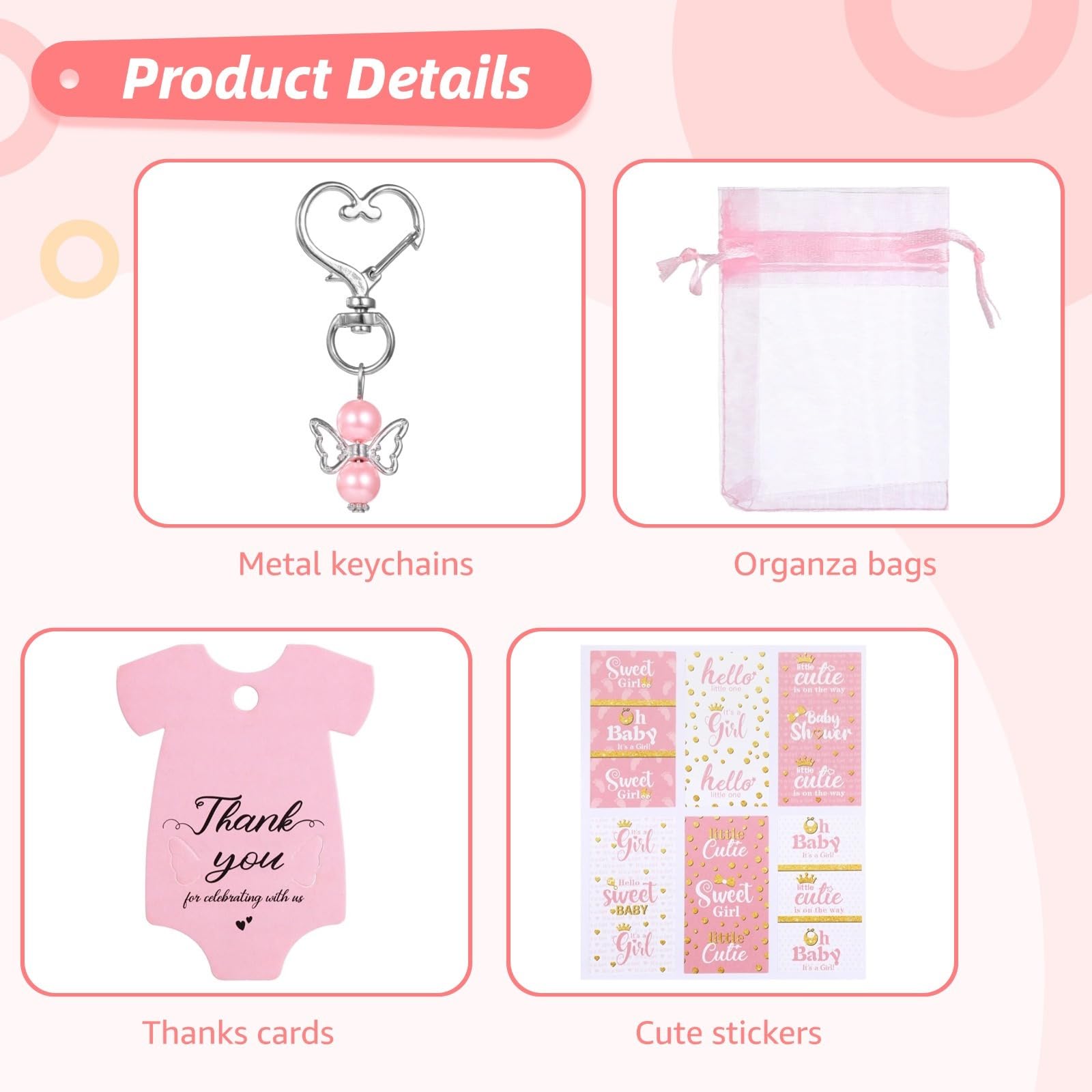 50 zestawów upominków imprezowych z brelokami anioła, kartki z podziękowaniami dla słonia, torby z organzy na baby shower i prezenty urodzinowe