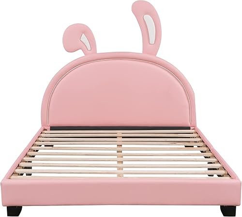 Miniatura 4 de Base de cama para niños de tamaño matrimonial con cabecera en forma de orejas de conejo, base de cama matrimonial para niños con piel sintética de