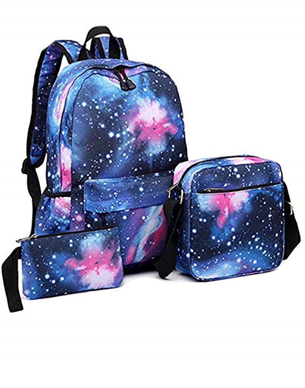 AoMoon 3Pcs Galaxy School Backpack, Student Stylish Unisex Canvas Book Bag for Teen (1-Dark Blue(3PCS))