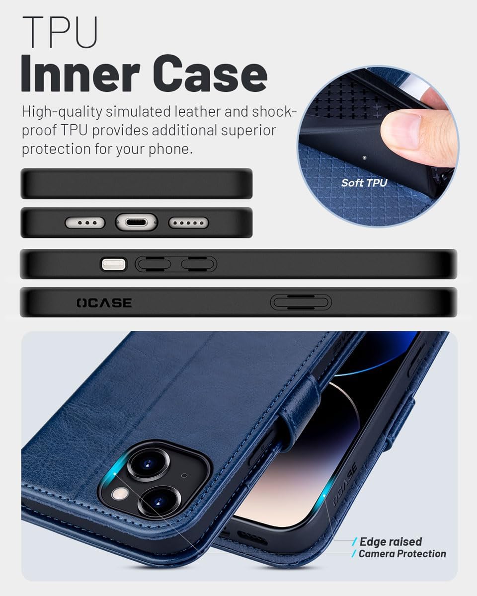 OCASE Compatible with iPhone 15 Wallet Case, PU Leather Flip Folio Case with Card Holders RFID Blocking Kickstand [Shockproof TPU Inner Shell] Phone Cover 6.1 Inch 2023, Blue