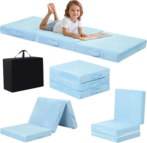 MeMoreCool Foldable Floor Mattress for Kids, Toddler Floor Nap Mat for Sleeping Daycare, Small Child Foldable Mattress Floor Bed, Trifold Futon Portable Tri Folding Mattress, Blue 57x22 Inch