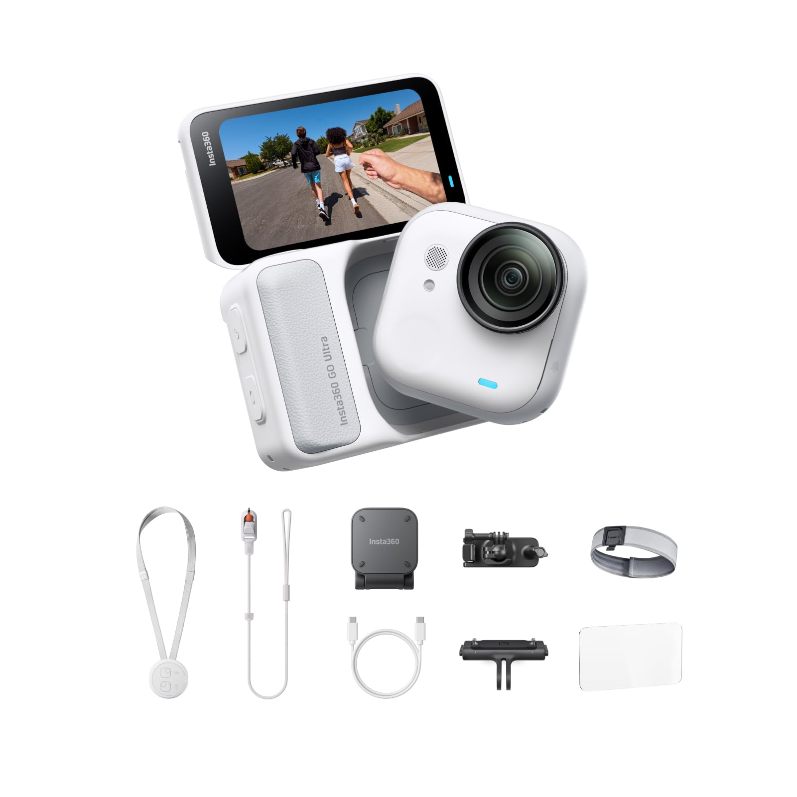 Insta360 GO Ultra Pack do biegania Biały Arktyczny – ultralekka i przenośna kamera 4K wolne ręce, stabilizacja FlowState, najwyższa wydajność przy słabym świetle, 200 min autonomii, jazda na rowerze