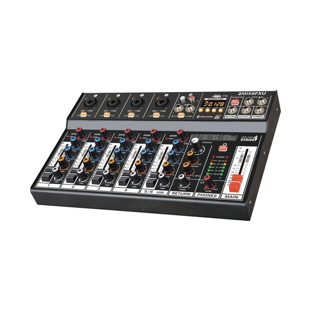 Italian Stage IS 2MIX6FXU - Mixer audio analogico stereo a 6 canali per live, con DSP Multi FX e Bluetooth, Nero