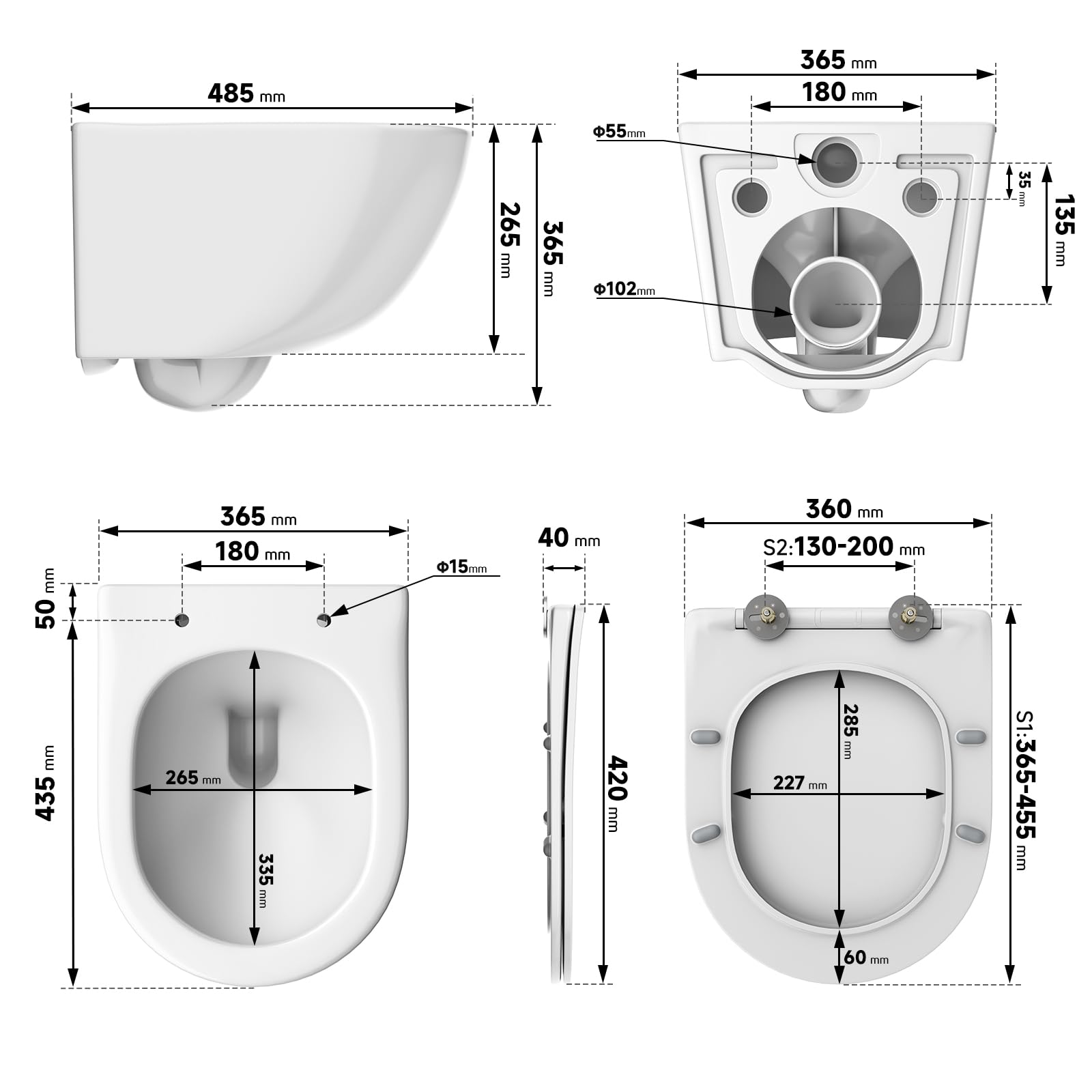 Rainsworth Inodoro de pared sin borde - Inodoro colgante de potente descarga, con tecnología de descarga eficiente, taza de inodoro incluida con asiento de descenso automático y sujetador rápido
