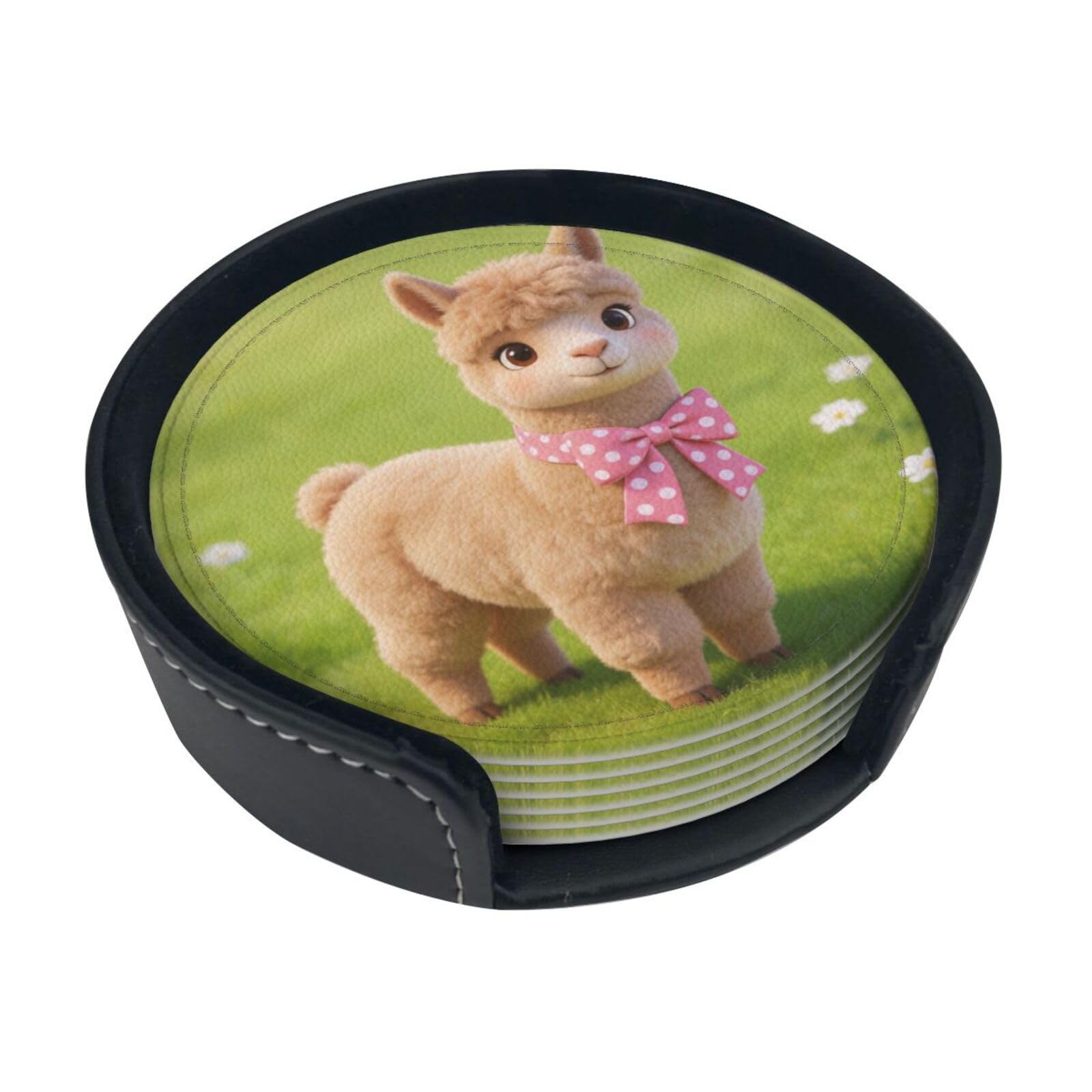 cute alpaca Leather Coasters-Set of 6 with Storage Holder