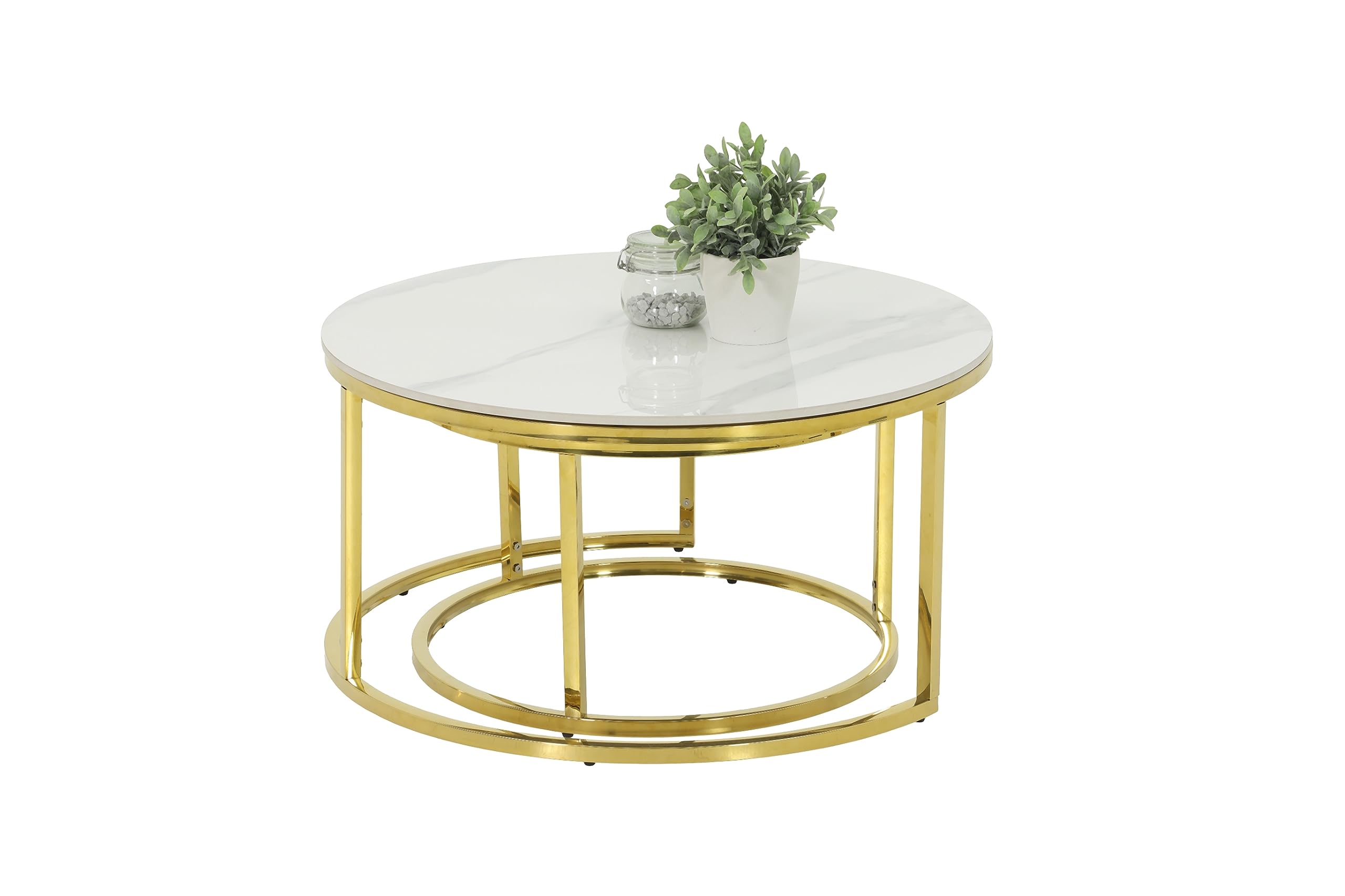 Hela Tische, 2er Set Couchtisch Wohnzimmertisch Joel, Rund, Sofatisch, Echtstein in Marmoroptik Glanz Weiß, Metallgestell Gold, Ø 80+Ø 60cm