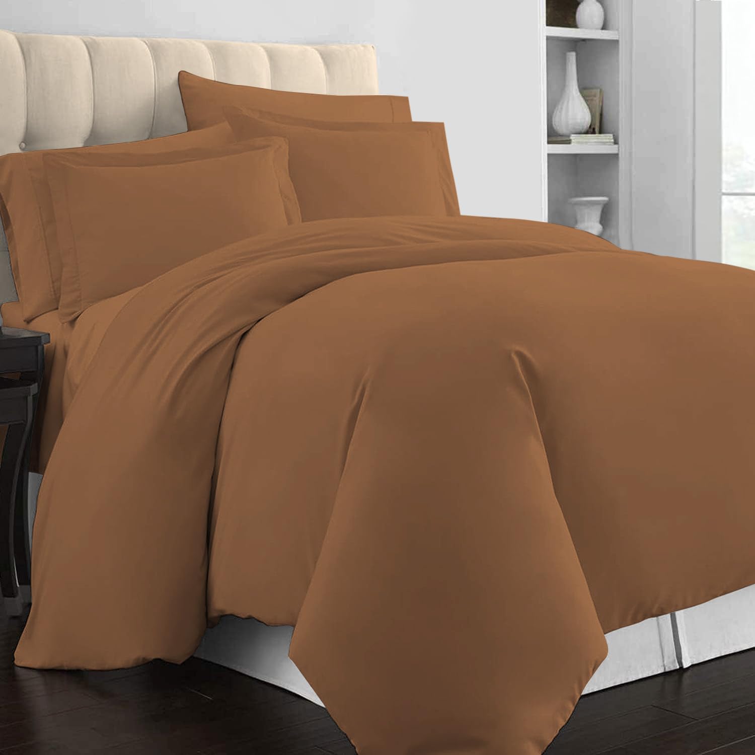 Pizuna King Size Duvet Cover Sets Cotton 230x220 Mocha Brown (3Pc) 400 Thread Count 100% Long Staple Cotton Sateen Weave Bedding Set with Button Closure (Printed Kingsize Duvet Cover & 2 Pillowcase)