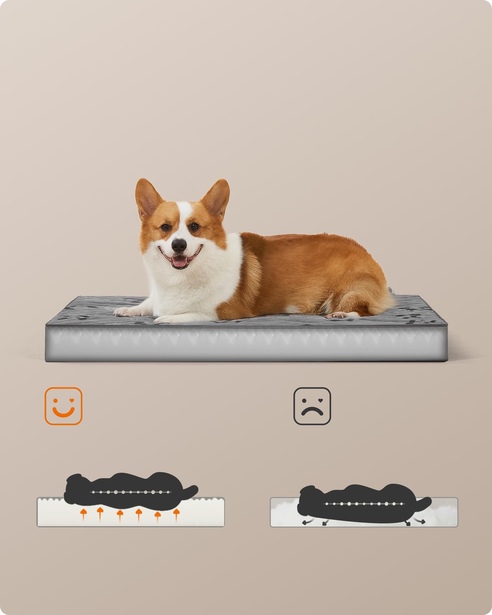 Feandrea Cuccia per Cani, Lettino per Animali, Gommapiuma Preformata Ondulata, con Maniglia, Sfoderabile, Uso a Doppio Lato, Impermeabile, Taglia L, 91 x 68 x 8 cm, Grigio Tortora PGW242G01