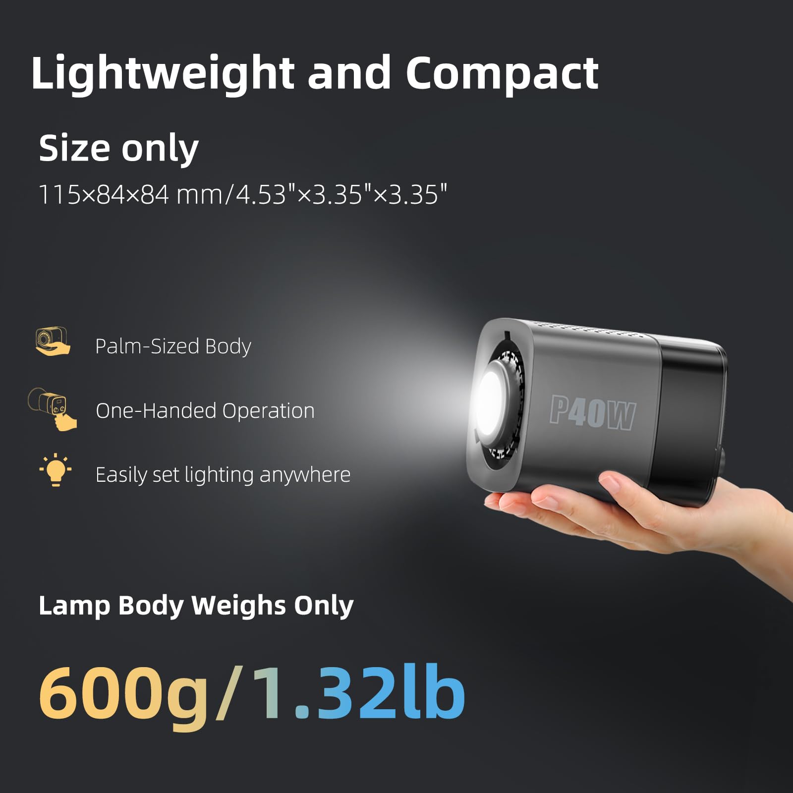 Luz de vídeo LED, 40 W, COB, luz de estudio, 2500 K-6500 K, 11500 lux, modo CCT con carga rápida tipo C, para fotografía de iluminación de vídeo