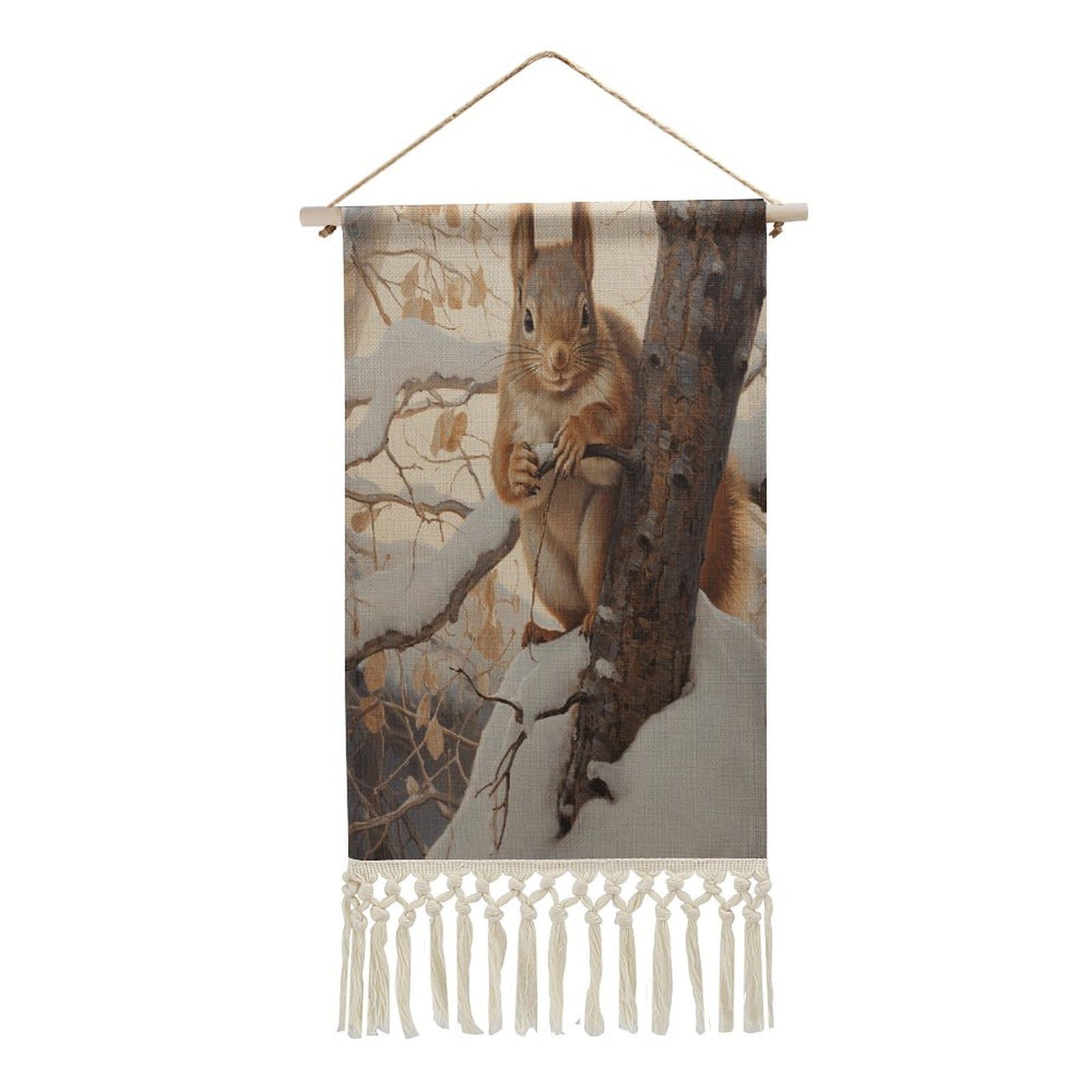 Adfgyerh Style Squirrel On Tree Tapestry With Tassels Cotton And Linen Hanging Posters, Wall Art For Travel Gift, Wall Tapestry For Office Home Decor Bedroom Living Room Decor