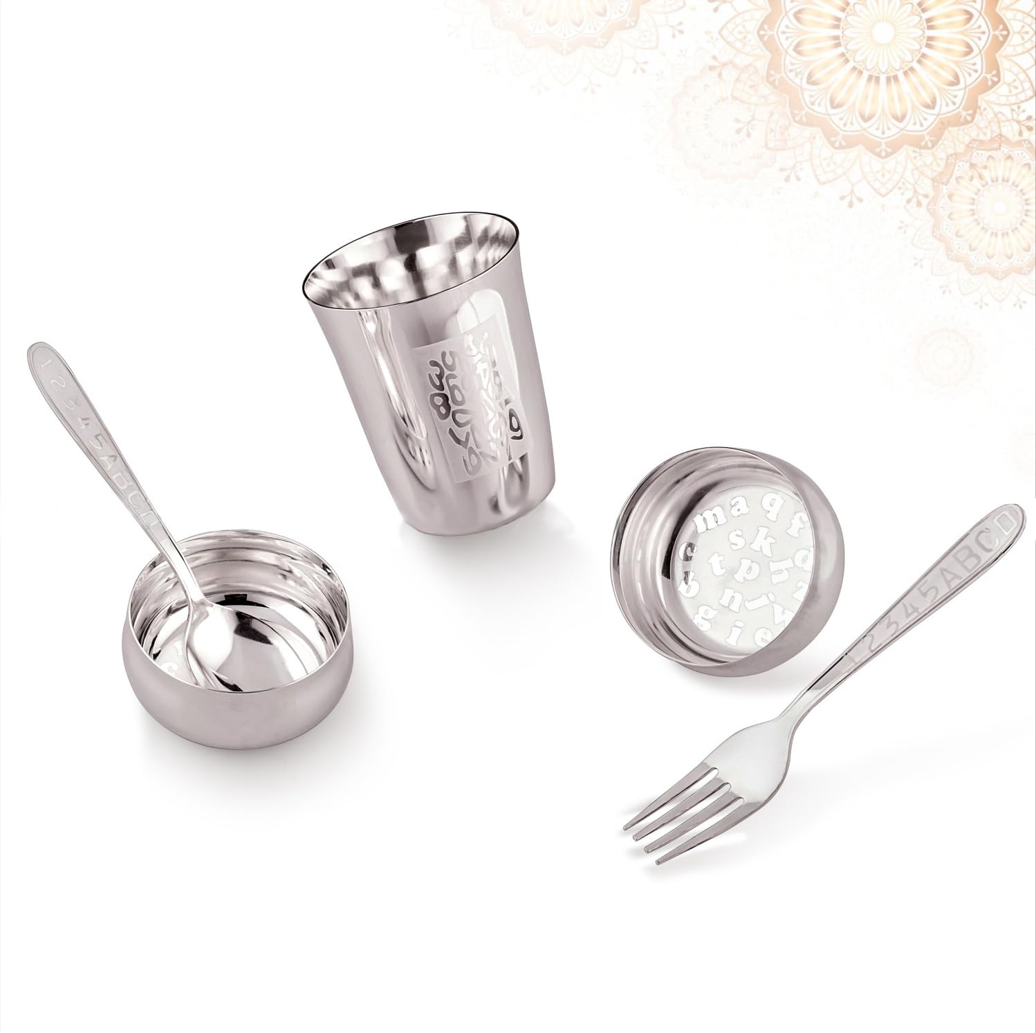 BENGALEN Service de table plaqué argent avec boîte cadeau ondulée pour cérémonie du riz pour bébé Annaprashan Sanskar Cadeaux pour garçons et filles