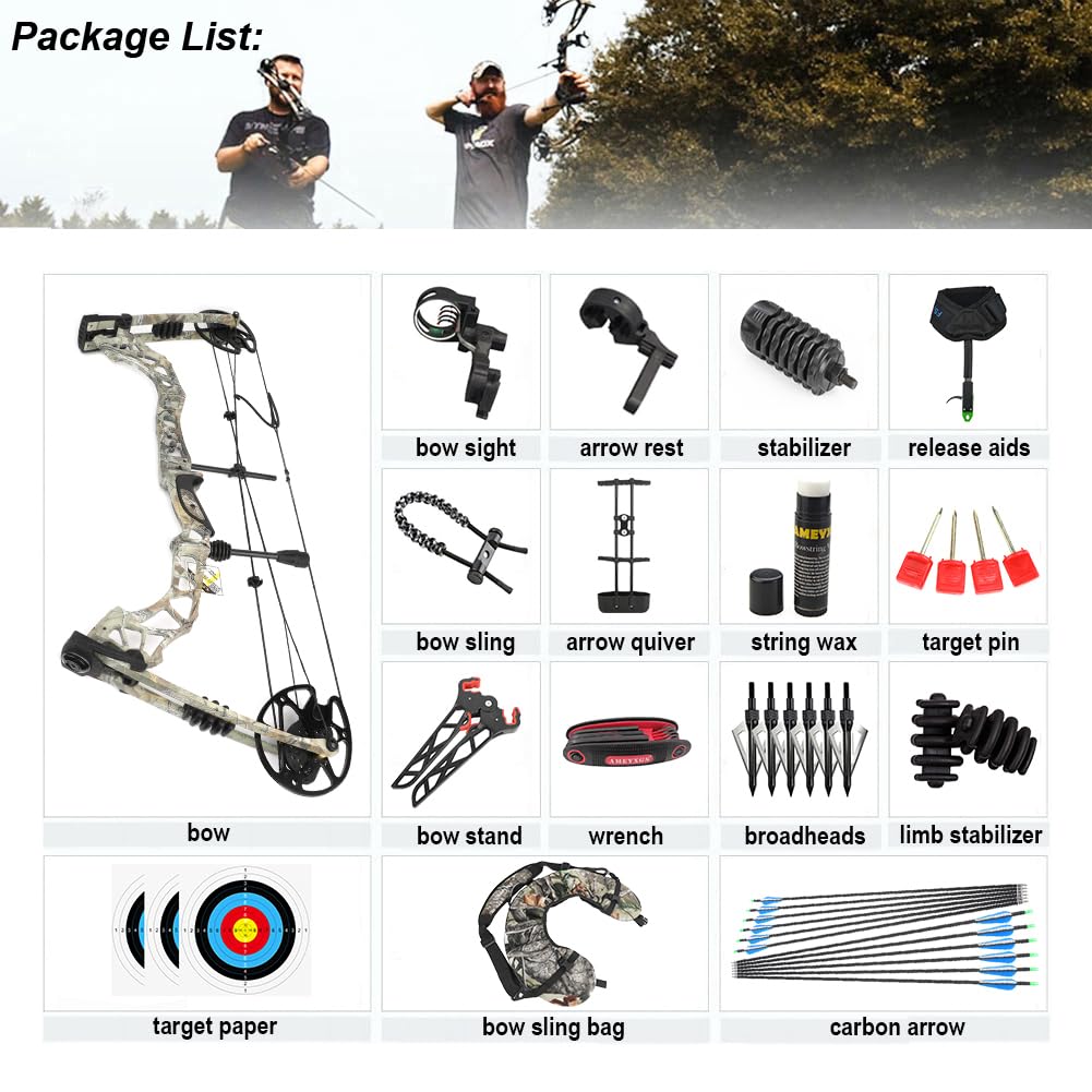 SHARROW Set Arco Compound e Frecce, Peso di Tiro 35-70 libbre, Lunghezza di Tiro 16“-30”, Kit Arco Compound da Caccia 320fps Tiro con l'arco Set per Adulti Principianti RH
