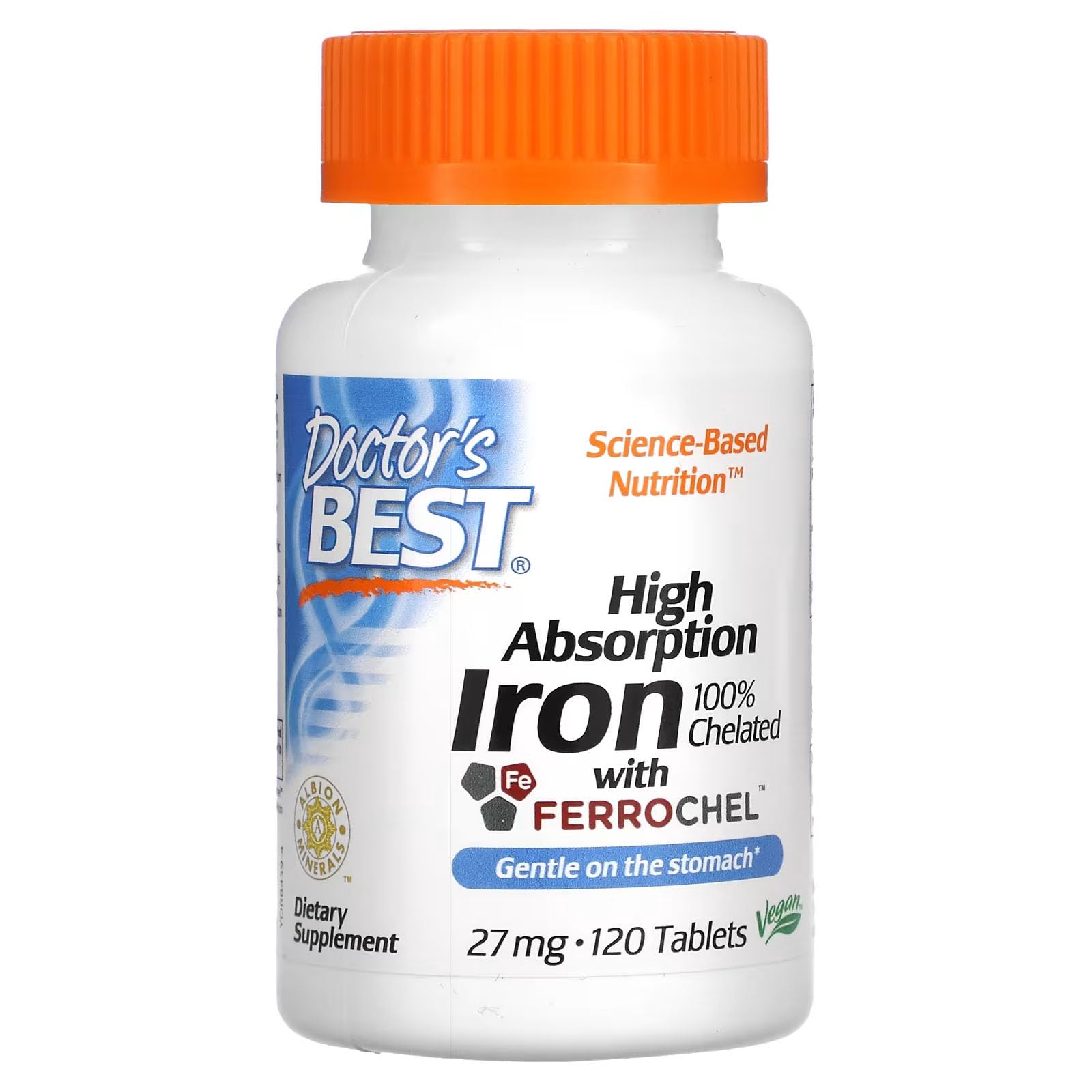 Doctor's Best High Absorption Iron Tablet with Ferrochel, Gentle on The Stomach, Immune Health, Blood Health, 27 mg