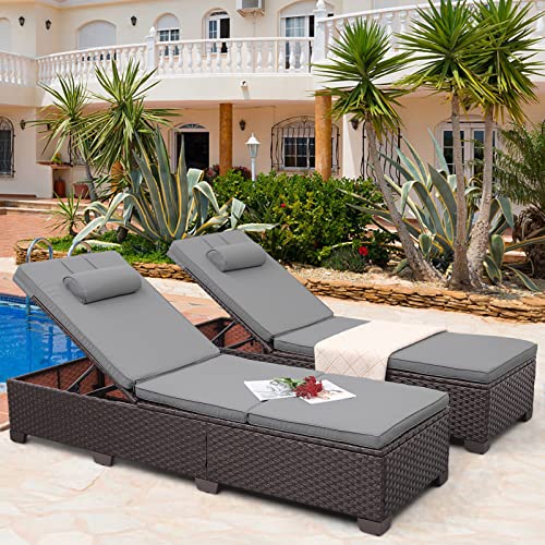 Outdoor Wicker Chaise Lounge Set with Adjustable Backrest and Grey Cushions - 2 Brown Rattan Recliners for Patio and Pool