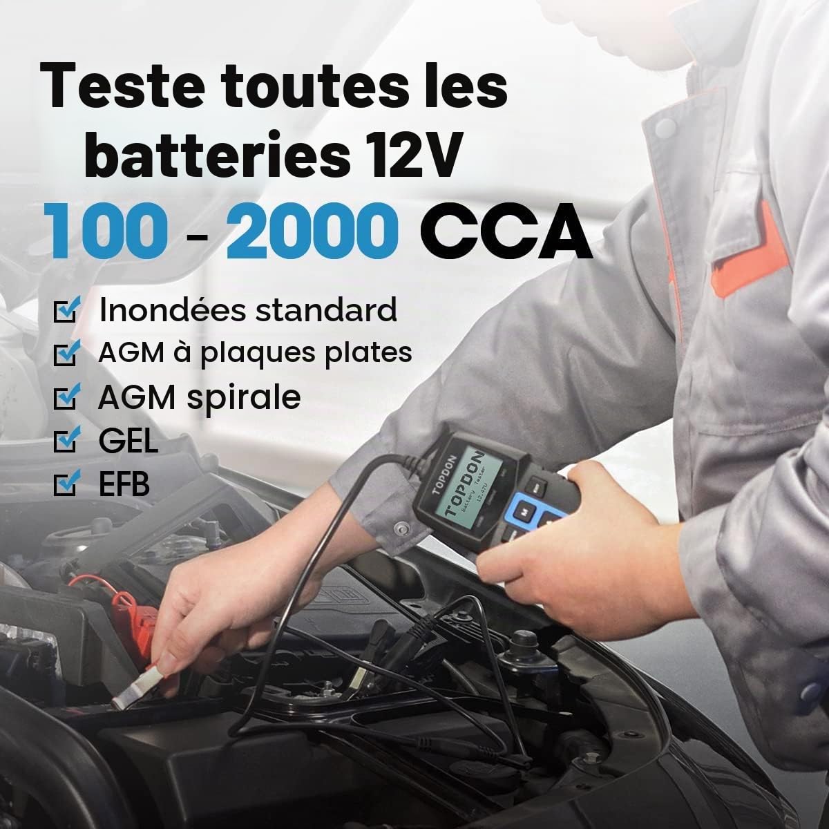 TOPDON Testeur de Batterie BT100, 12V Testeur batterie voiture100-2000 CCA Essai de charge de démarrage avec batterie pour Voitures Motos VTT VUS Yachts