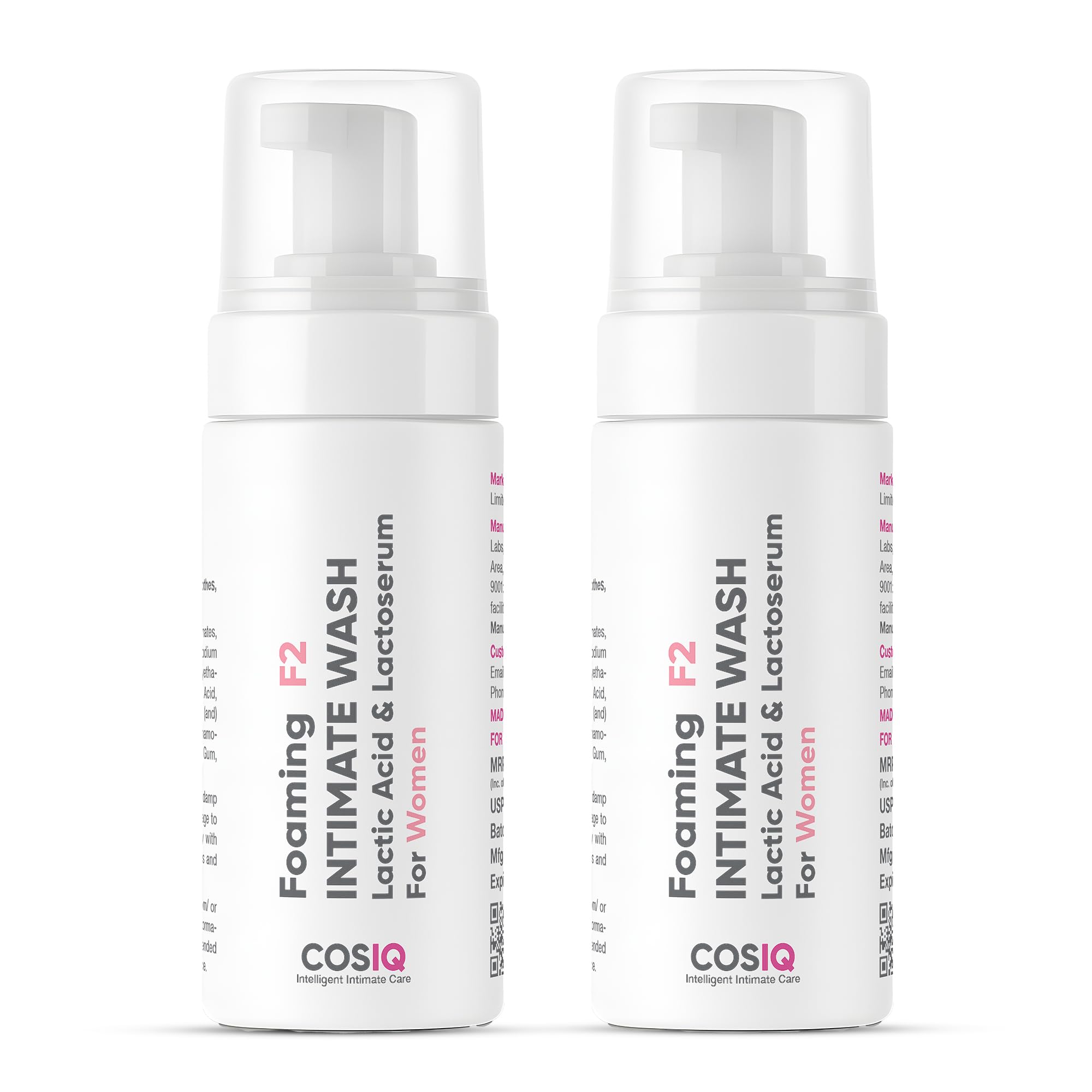 Cos-IQ Foaming F2 Intimate Wash for Women (Pack of 2 X 100ml) |Hygiene Wash with Lactic Acid & Lactoserum |Vaginal Wash, Prevents Itching, Irritation & Dryness | For All Skin Types| 60 Days Pack