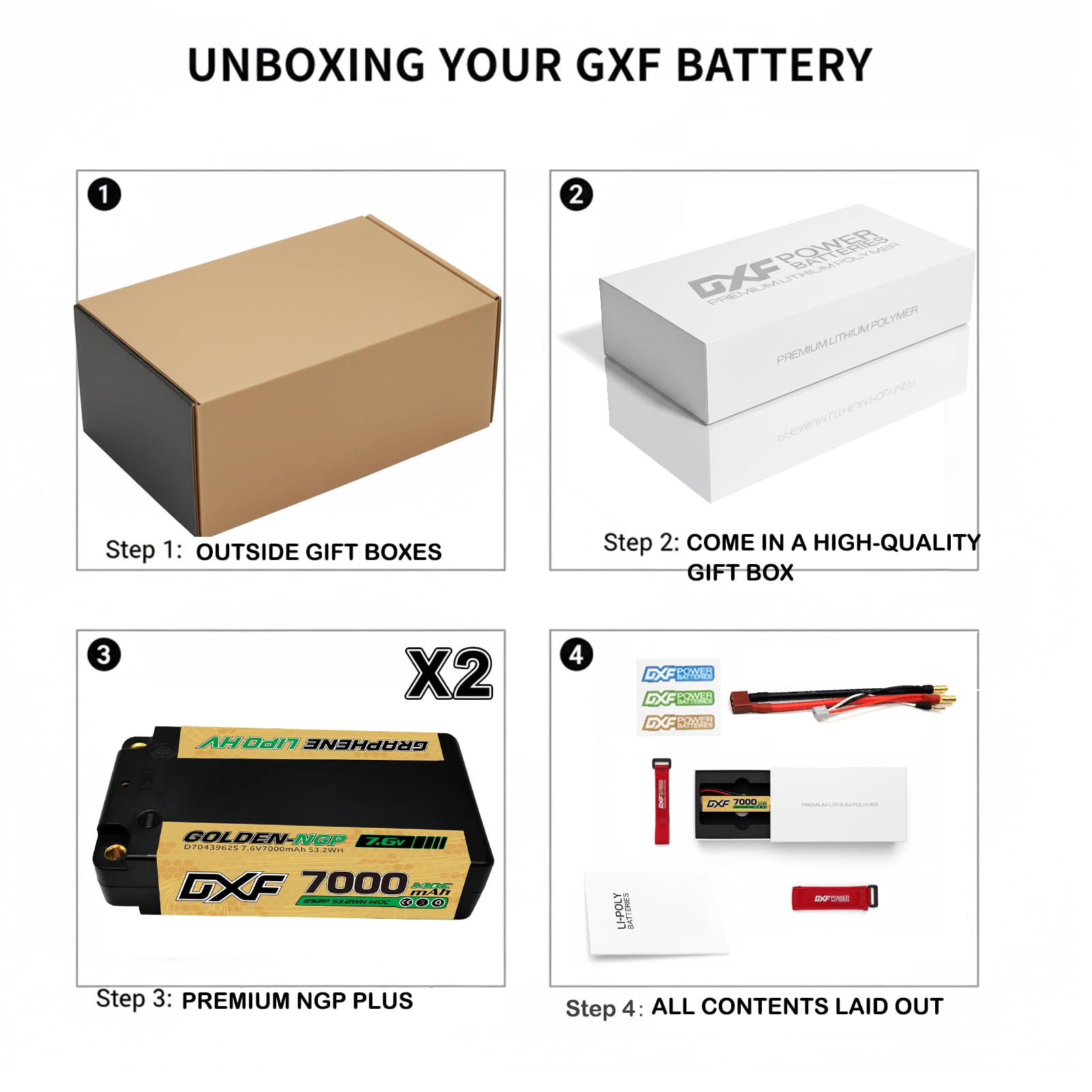 DXF 2S HV LiPo Akku 7.6V 7000mAh 140C Golden NGP mit 5mm Bullet zu Deans T Stecker High-Performance Battery Pack für 1:8 1:10 RC Auto Fahrzeuge Leistungsstark 2S2P