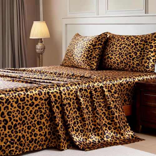 Image of MR&HM Satin Bed Sheets with Elastic Corner Straps, Queen Size Sheets Set, 4 Pcs Silky Bedding Set with 15 Inches Deep Pocket for Mattress (Queen, Gold Leopard)