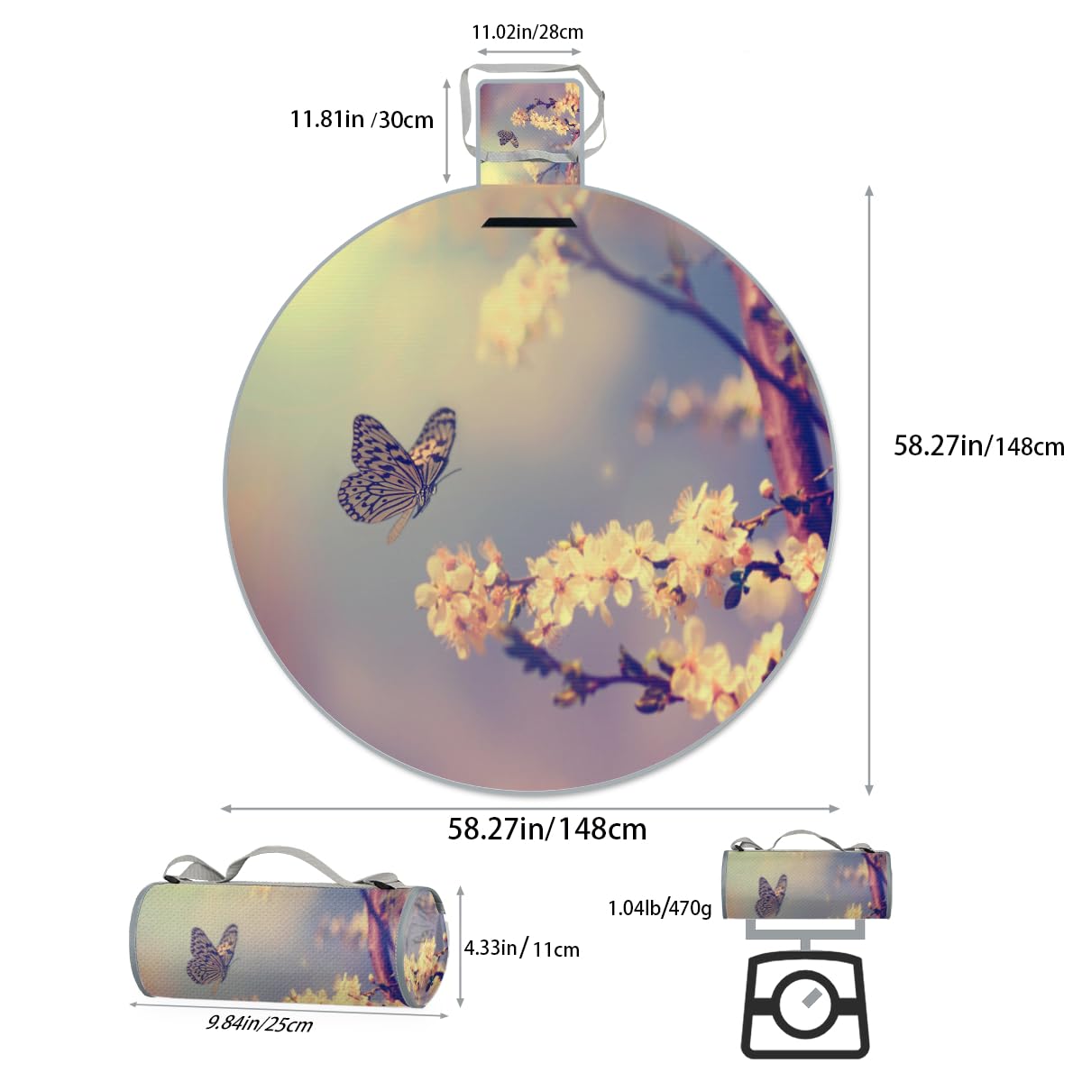 Shimoshe Butterfly Cherry Blossom Picnic Outdoor Blanket Foldable Waterproof Sandproof Beach Blanket Portable Water-Resistant Round Picnic Mat for Travel Camping Park Lawn