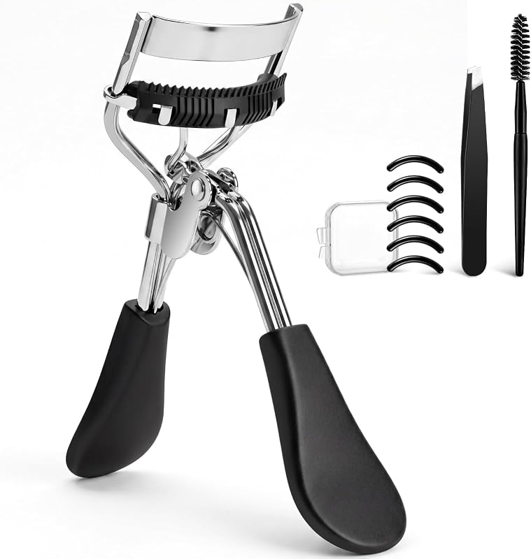 Curvador de cílios preto em aço inoxidável com pente e 6 almofadas de silicone, Pmyuent