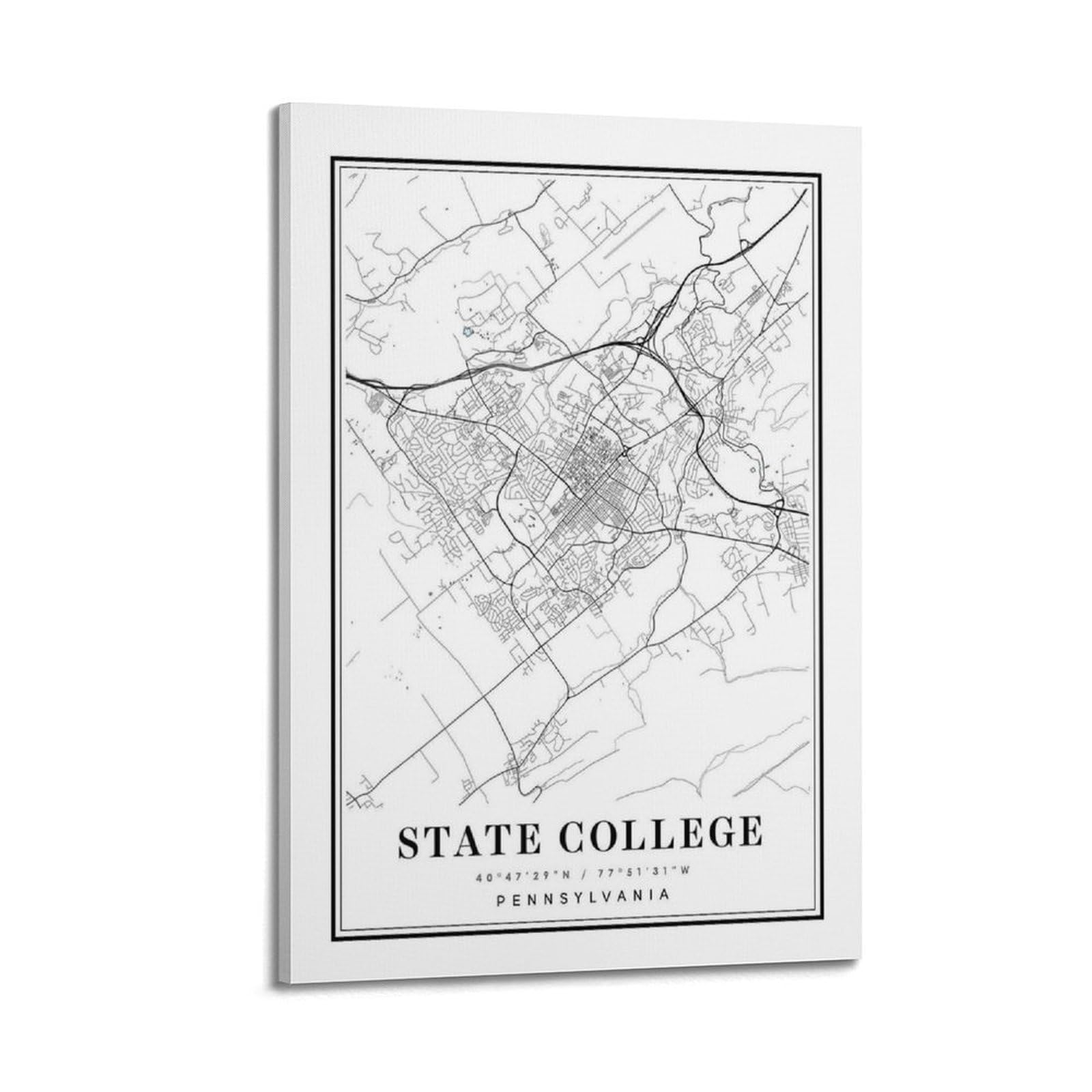 xiaoxiaoshen State College PA Map Canvas Poster Wall Art Prints Room Aesthetic Murals Bedroom And Living Decorations 20x30inch(50x75cm)