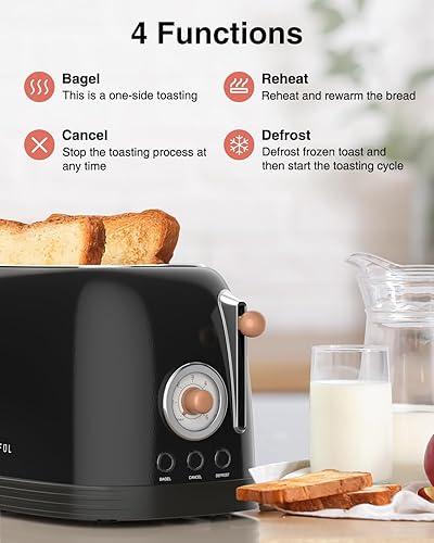 Vista 9 de CROWNFUL Tostadora de 2 rebanadas, tostadora de ranuras extra anchas, acero inoxidable retro con bagel, cancelación, descongelación, función