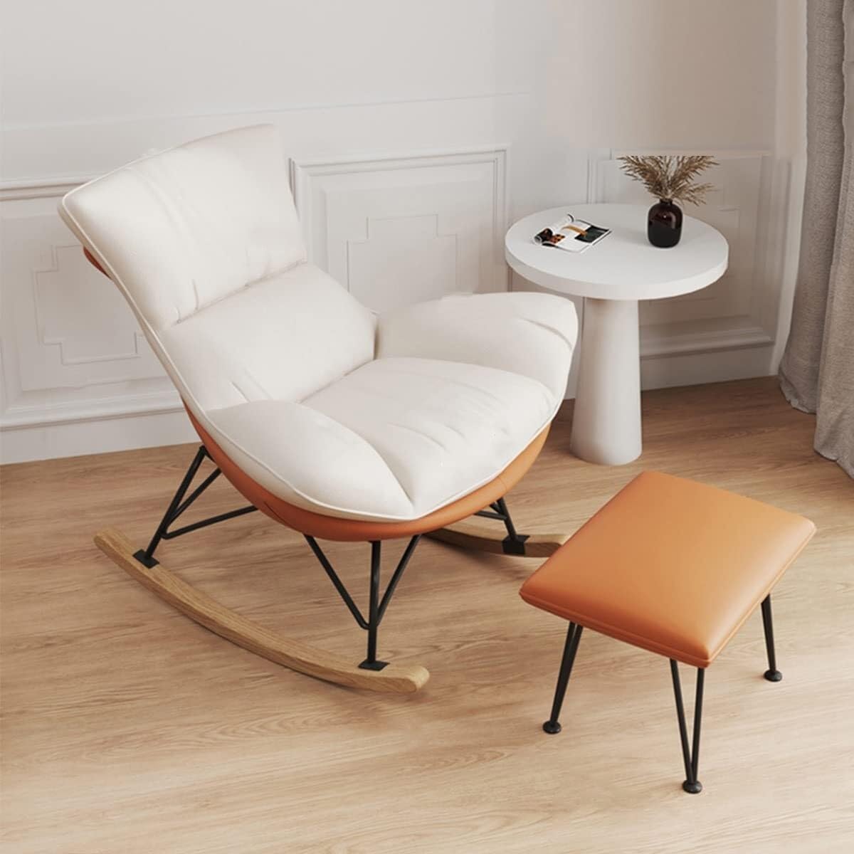 Sillón mecedor moderno, cómodo sillón reclinable, sillón mecedor tapizado con mecedora deslizante, sillón de sala de estar con reposapiés, sillón auxiliar con base d(Naranja+blanco-Talla única
