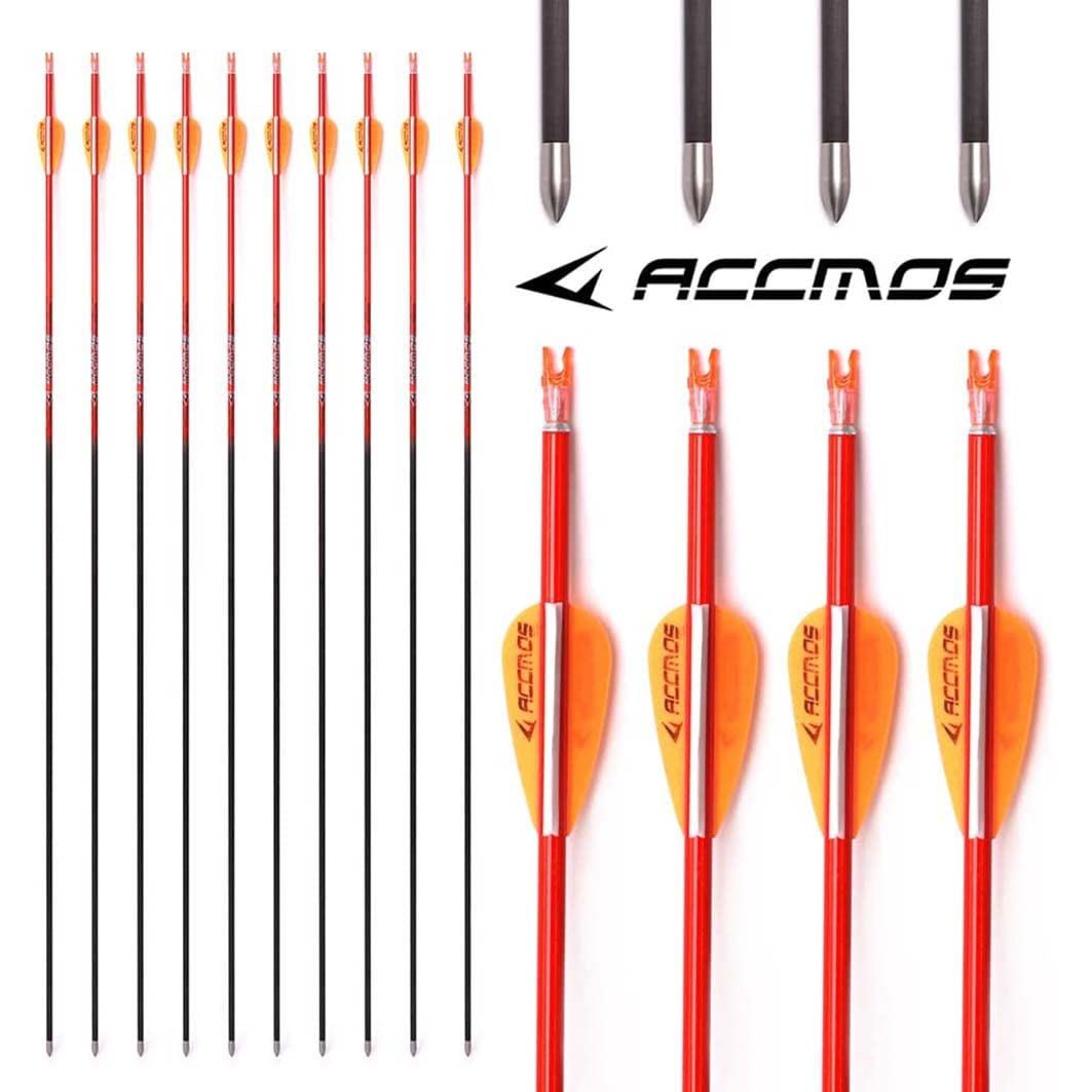ACCMOS Spine 400 500 600 700 800 900 1000 ID 4.2mm Archery Arrows, for Compound Bow Recurve Bows Hunting Shoting Orange or Yellow Carbon Arrow 12pcs (28inch, OW Spine 1000)