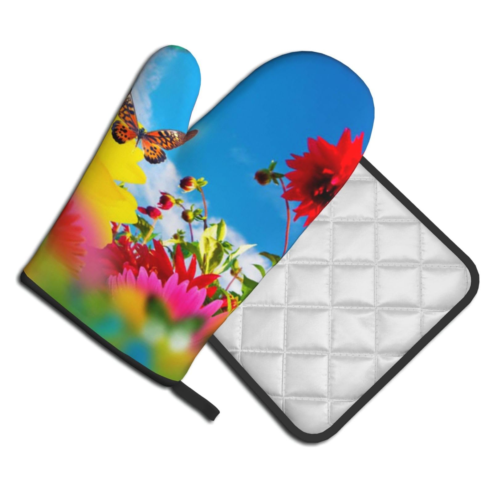 Oven Mitts and Pot Holders Set of 2 Pcs, Sunny Garden Printed Heat Resistant Kitchen Gloves Potholders for Cooking Baking Grilling