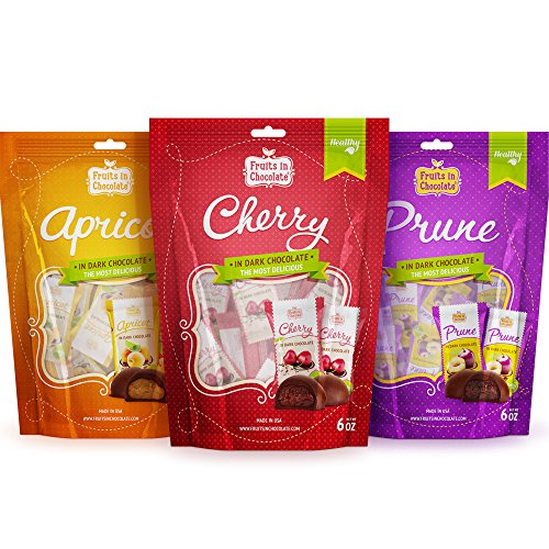 Dark Chocolate Covered Prunes, Apricots and Cherries (3 X 6 Oz Bag)
