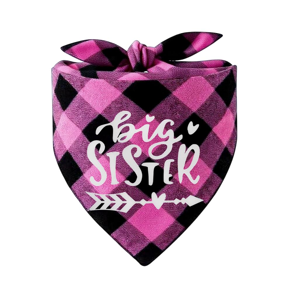 Sisadodo Pink Plaid Pet Accessories for Dogs Cats Big Sister Print Dog Bandanas for Small Medium Dogs Red Dog Neck Scarf for Baby Shower Pregnancy Reveal Gifts for Pet Dad Mum Pets Hood for Photo Prop