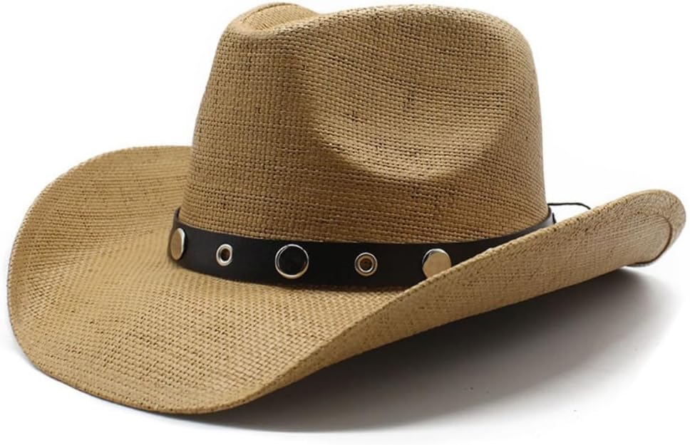 Western Cowboy Hat, Straw Sun Hat with Studded Band, Beige
