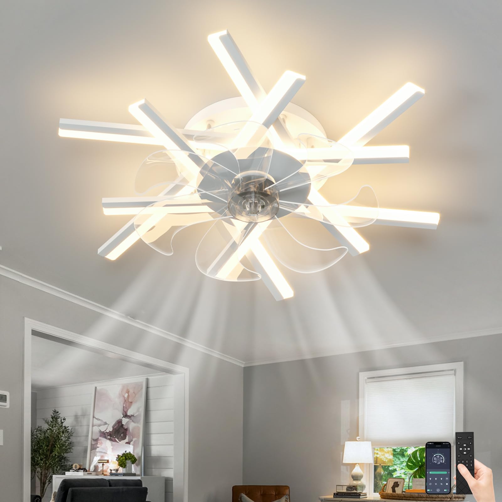 SXDMOUBK 6 Wind Speed Ceiling Fans with Lights and Remote Control Silence Chandeliers Ceiling Light Dimmable Reversible DC Fan Light Ceiling for Living Room Bedroom-White||62cm