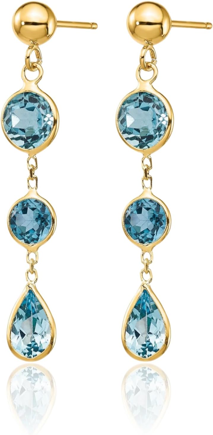 IceCarats 14K Solid Yellow Gold 2.72 carat Blue Topaz Medium Dangle Earrings 35mm 1 3/8 inch Pear Cut, Natural, Prong Set, Friction Back For Her