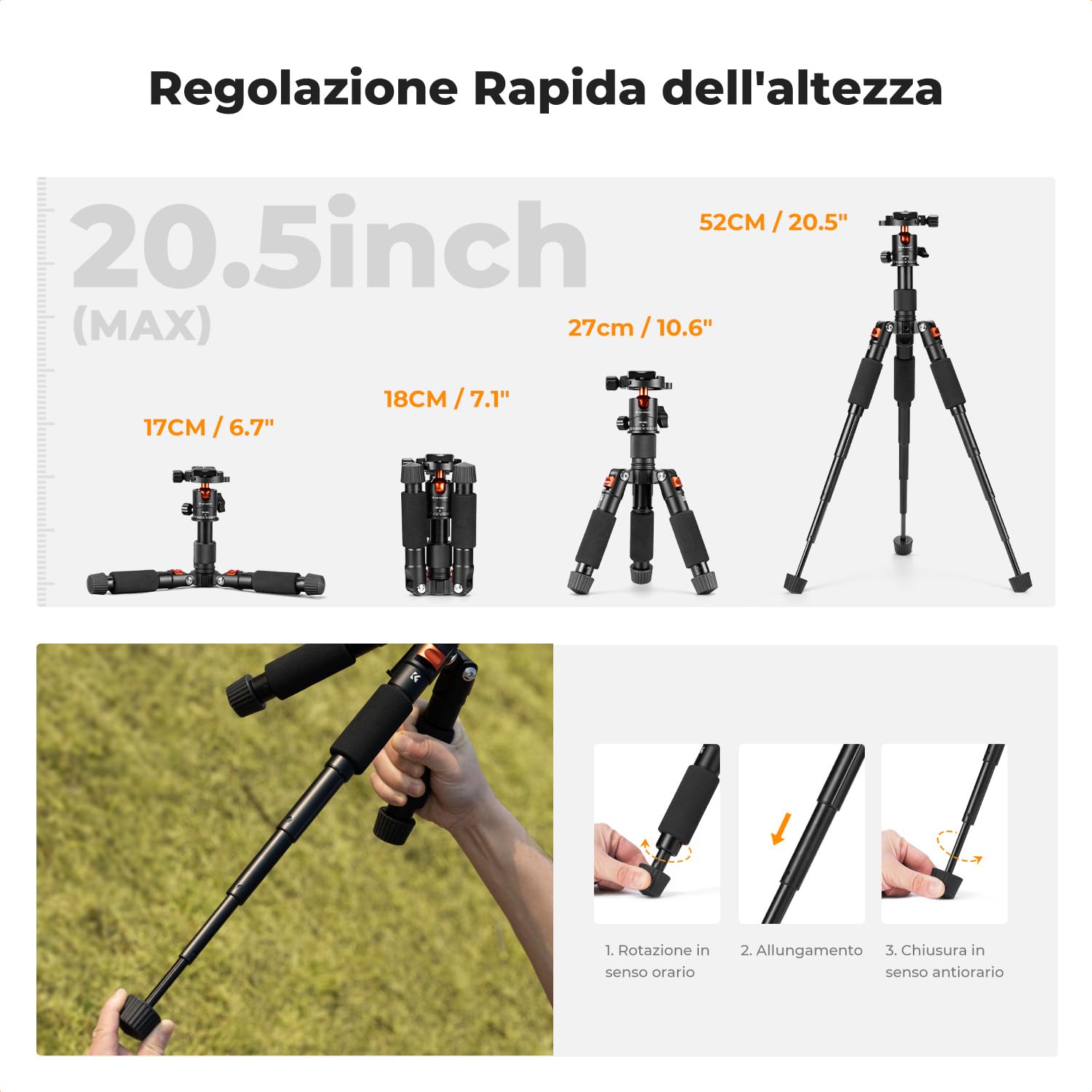 K&F CONCEPT Mini treppiede da tavolo portatile, Treppiede compatto per fotocamera e smartphone in alluminio da 52 cm con testa a sfera a 360°, Piastra rapida da 1/4" per DSLR ecc, capacità di 6 kg