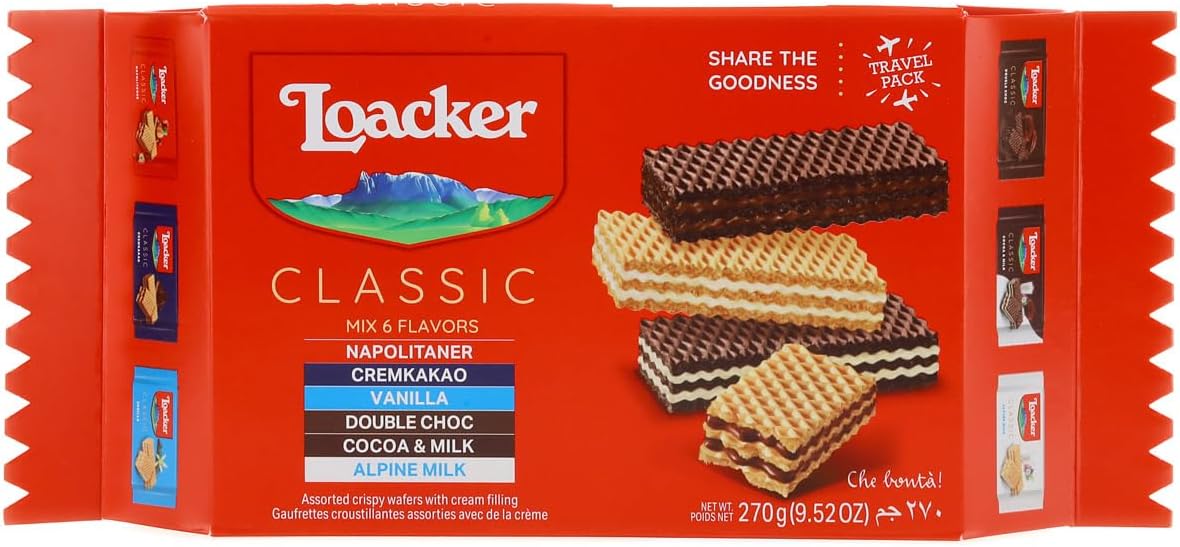 Loacker Classic Waffle Mix - High Quality Assorted Crispy Waffle Cookies - Assortment Pack - Hazelnut, Chocolate, Vanilla, Double Chocolate, Cocoa and Milk, Milk - 45g, Pack of 6