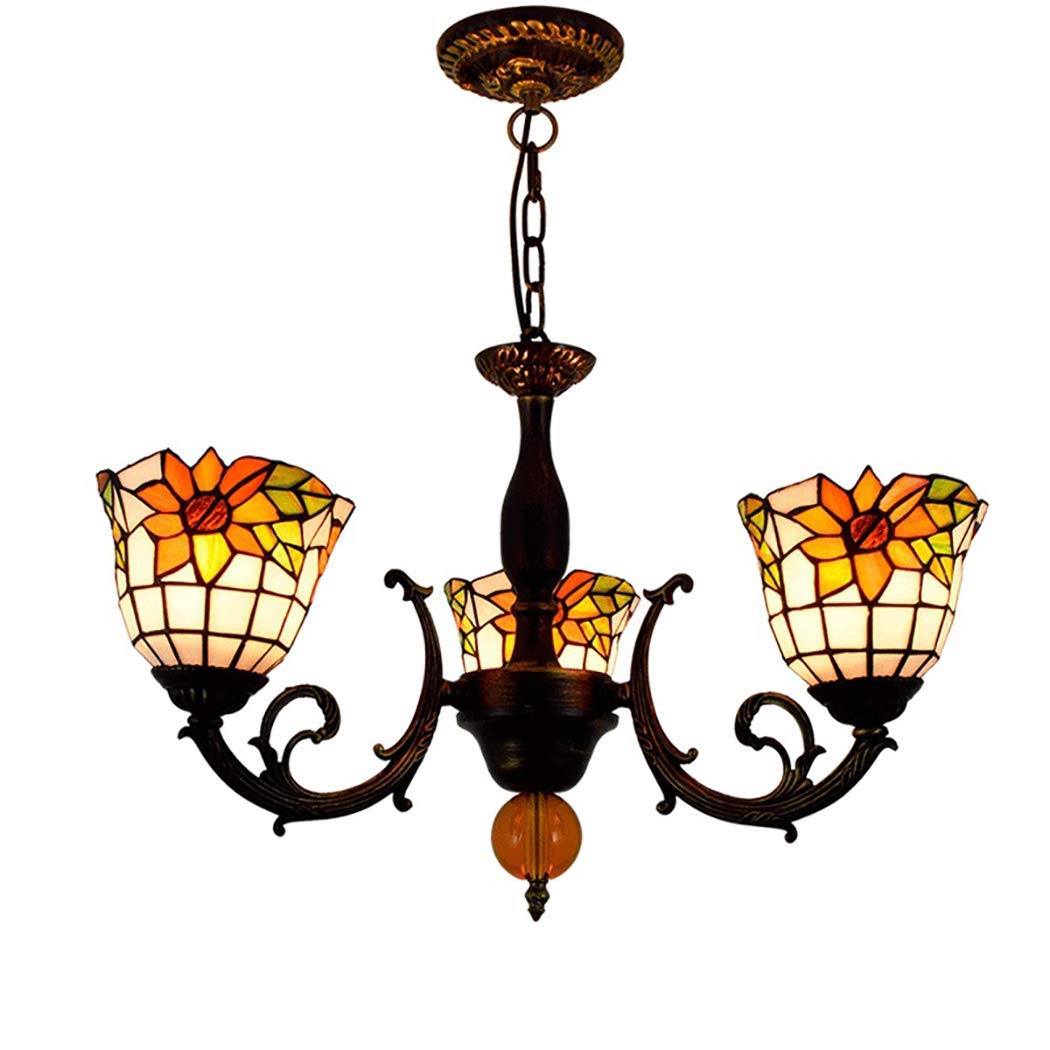 YNIYUJKL Retro Chandelier Vintage Tiffany-Style Stained Glass 3-Arm Chandelier With Inverted Ceiling Chandelieridyllic Sun Flower