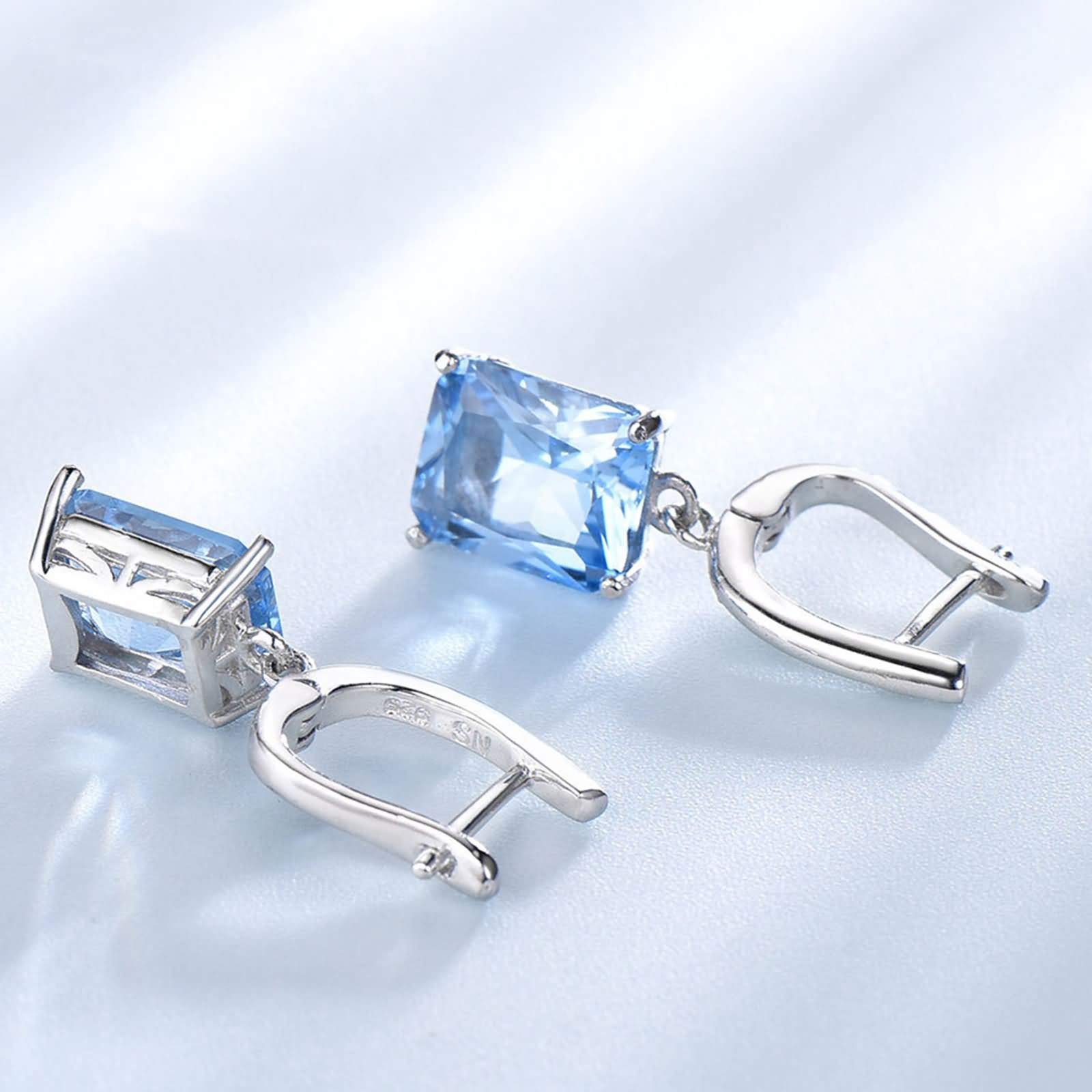 Orecchini da donna, orecchini da donna, per matrimonio, quadrato, in argento 925, per donna con topazio blu