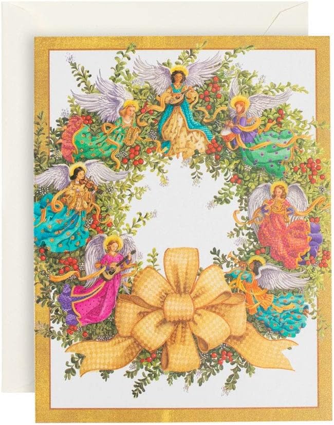 Caspari Angel Wreath Boxed Christmas Cards - 16 Cards & Envelopes