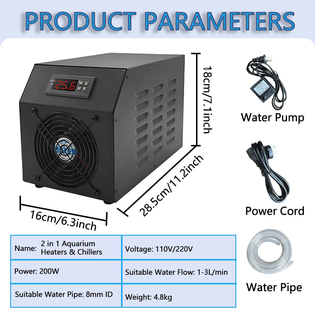 Aquarium-Kühler, 16 Gal/60 L 2 en 1 Hydrokultur-Systeme, Kühlsystem mit Leisen Lüftern, Schnelles Heizen/Kühlen für Fische, Garnelen Korallen mit Pumpe Rohr 2in1AquariumHeaters/Chiller