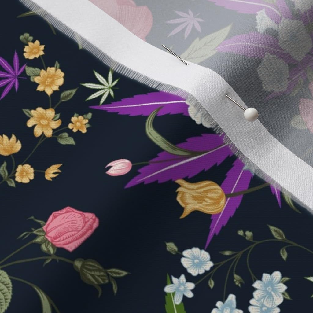Spoonflower Fabric - Cannabis Rose Blue Vintage Flowers Floral Retro Peony Weed Printed on Organic Cotton Sateen Fabric by The Yard - Sewing Quilting Apparel Home Decor