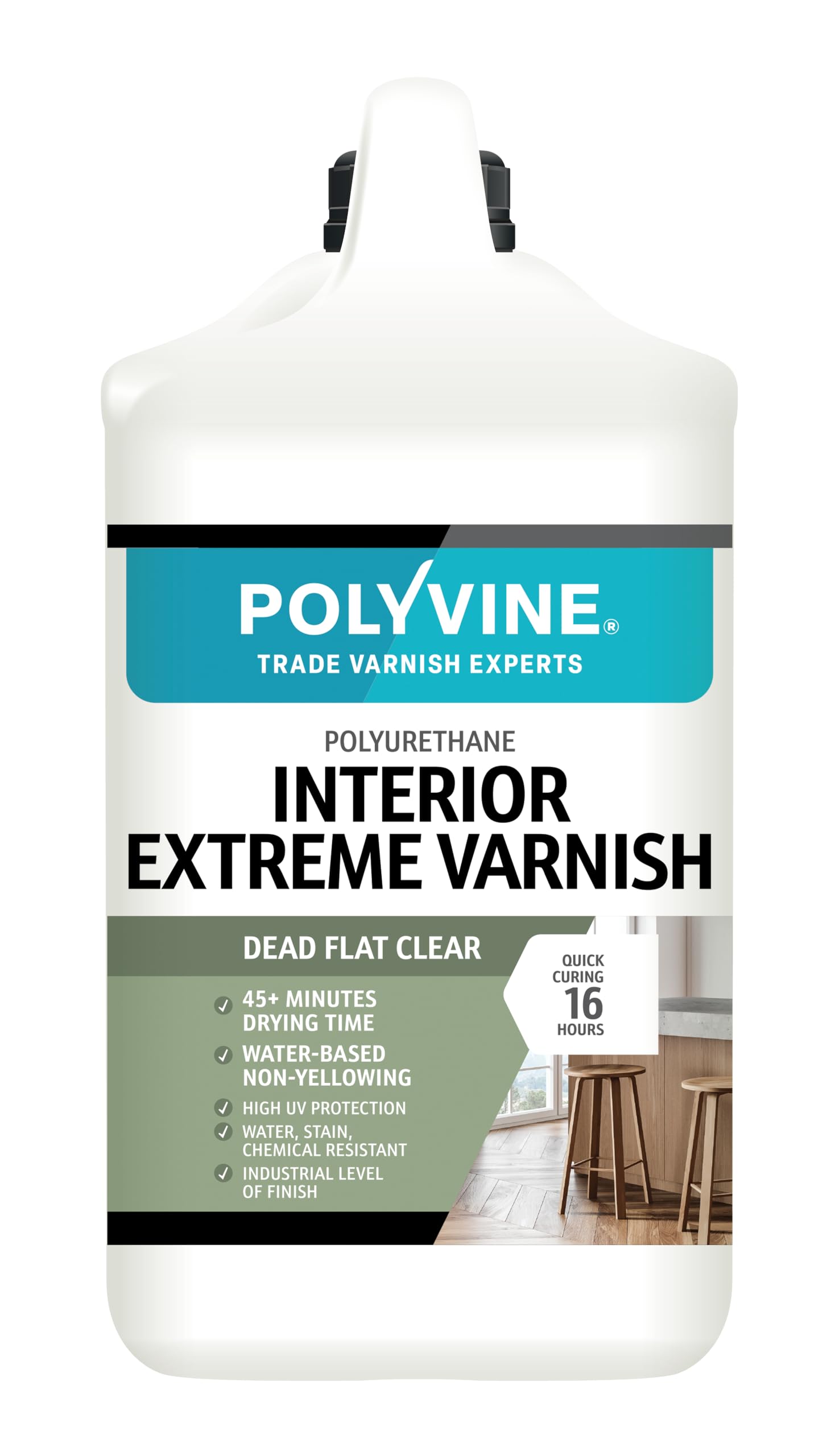 Polyvine Interior Extreme Varnish Satin or Dead Flat – Quick Dry Polyurethane Clear Coat Multi Use Protective Coating - Water-Based, UV, Heat, Stain, Water Resistant Sealer, Dead Flat, 4L